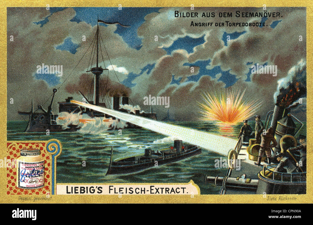 Militär, Marine, Angriff der Torpedos, Kriegsschiffe auf offener See, während Marineübungen, Liebig-Sammelkarte, Lithographie, Deutschland, um 1898, Zusatzrechte-Clearences-nicht vorhanden Stockfoto