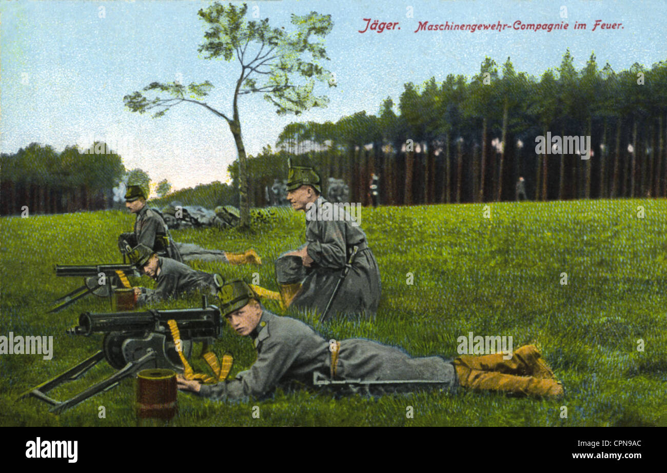 Erster Weltkrieg / 1. Weltkrieg, deutsche Soldaten im Krieg, Maschinengewehr-Kompanie im Feuer, Postkarte, Deutschland, um 1916, Zusatzrechte-Clearences-nicht vorhanden Stockfoto