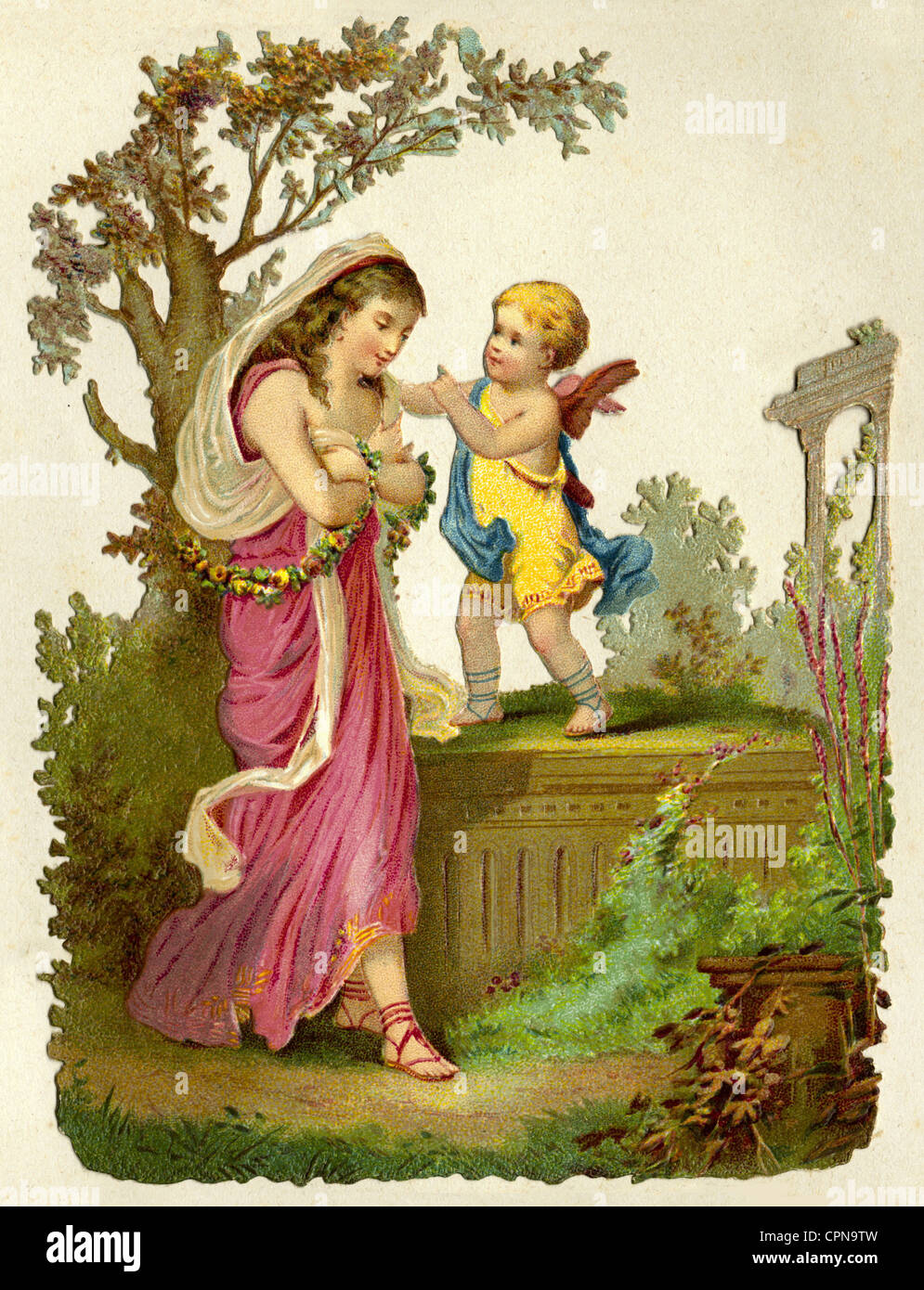 Kitsch/Karten/Souvenir, Liebeskummer, Frau mit Liebesengel im Park, Altbild, Lithographie, Deutschland, 1889, Additional-Rights-Clearences-not available Stockfoto