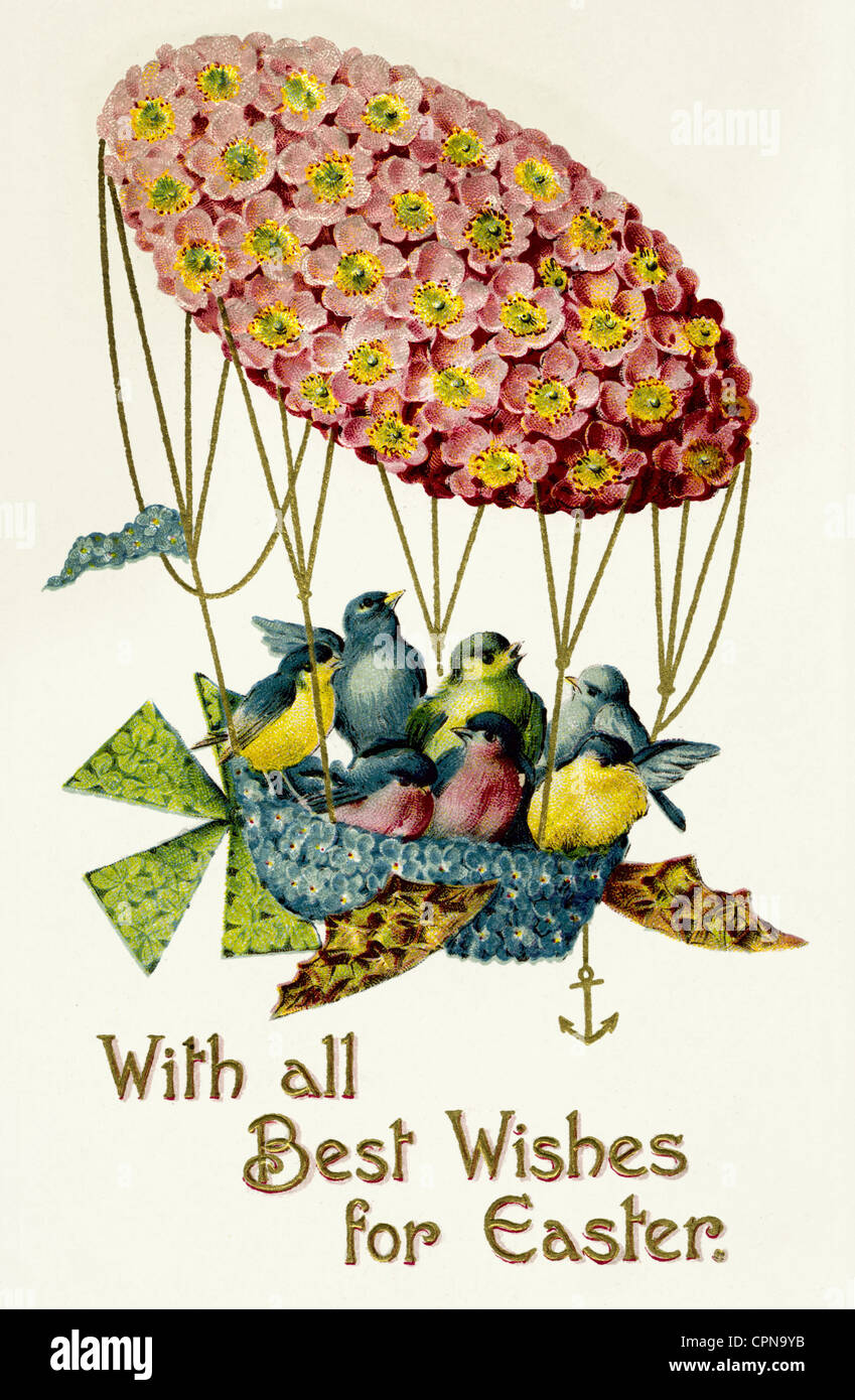 Ostern, Osterkarte, 'mit allen besten Wünschen zu Ostern', Vögel im Ballon, Großbritannien, um 1908, Zusatzrechte-Clearences-nicht verfügbar Stockfoto
