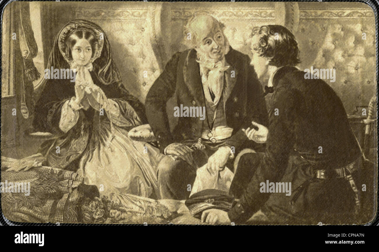 Personen, Heirat, Matchmaking, junger Mann, der den Vater nach seiner Tochter fragt, Deutschland, um 1860, Zusatzrechte-Clearences-nicht vorhanden Stockfoto