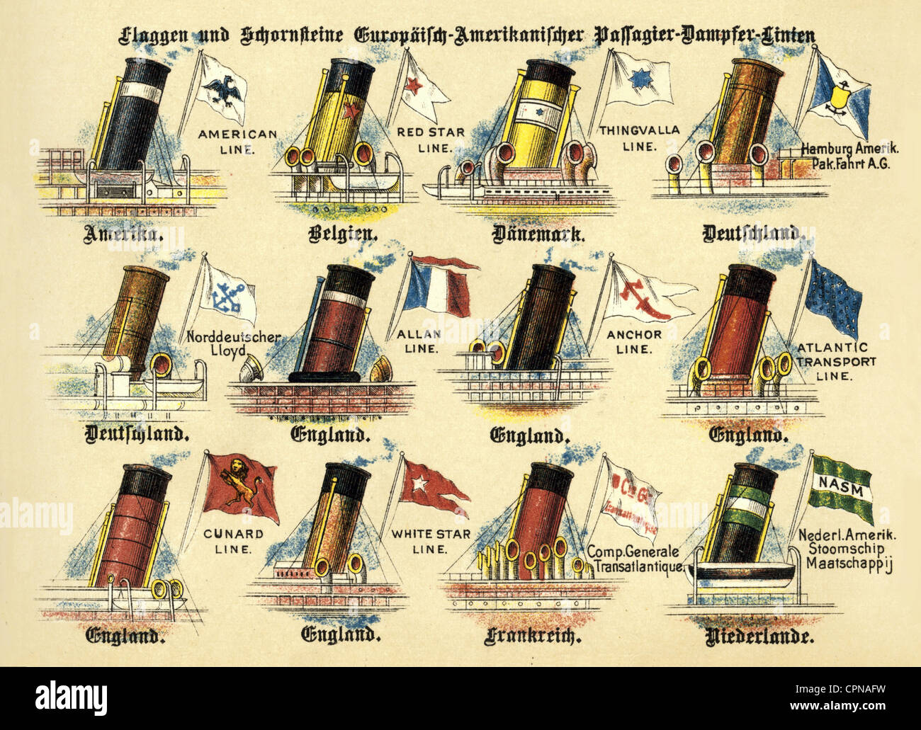 Transport, Navigation, Signale, Flaggen und Trichter von europäischen amerikanischen Passagierdampfern, Deutschland, um 1899, Additional-Rights-Clearences-nicht verfügbar Stockfoto