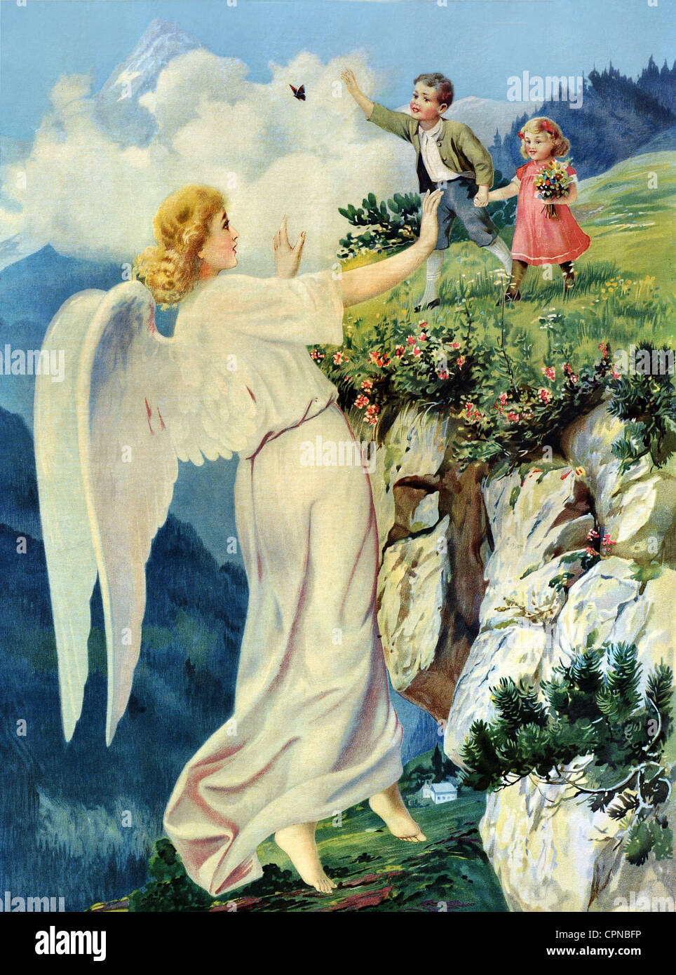 Religion, Christentum, Engel, Schutzengel schützende Kinder, Deutschland,  um 1900, Zusatz-Rechte-Clearenzen-nicht vorhanden Stockfotografie - Alamy