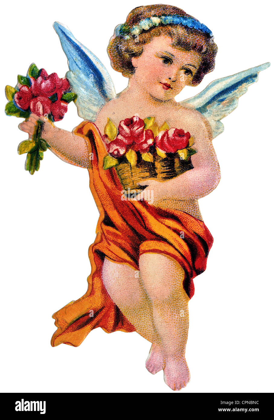 Kitsch, Engel, kleiner Engel mit Blumen, Schrottbild, Deutschland, um 1900, Zusatz-Rechteklärung-nicht vorhanden Stockfoto
