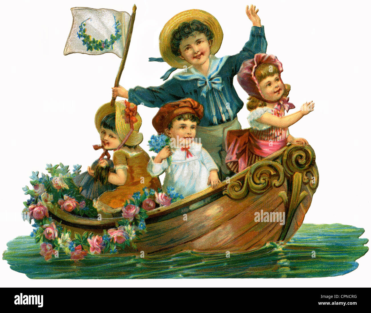 Kitsch / Souvenir, Kinder im Boot mit Blumen, Schrottbild, Deutschland, 1893, Zusatz-Rights-Clearences-not available Stockfoto