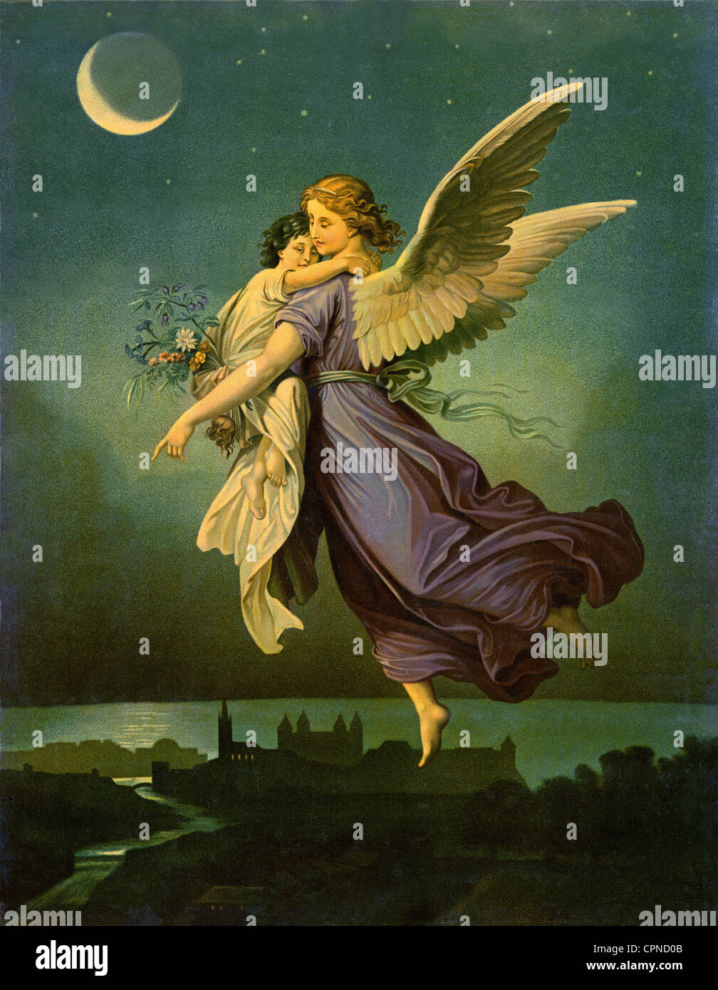 Religion, Christentum, Engel, Schutzengel bewachend Kind, Wandbild, Deutschland, um 1895, Zusatz-Rechte-Clearenzen-nicht vorhanden Stockfoto