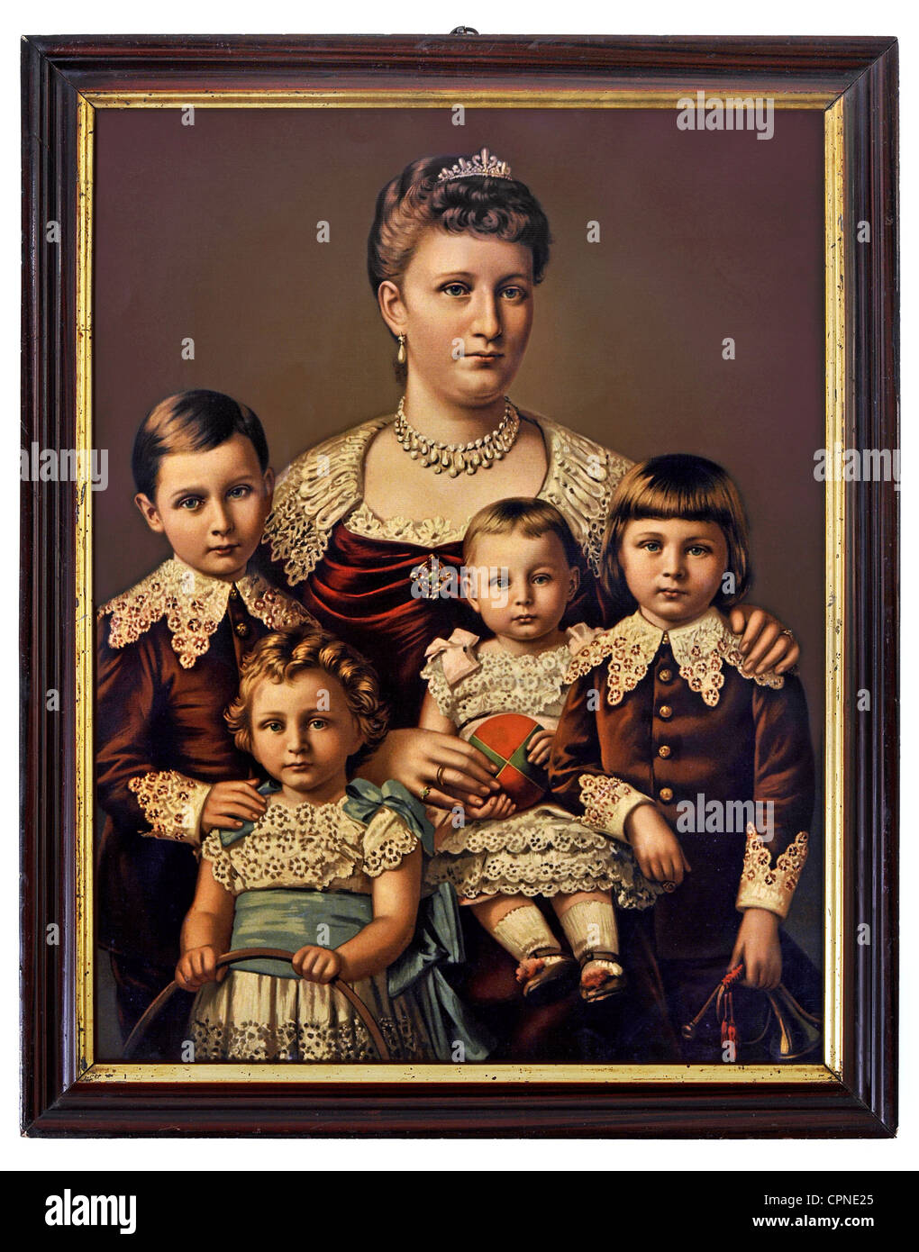Die halbe Länge der Kaiserinmutter Augustin Viktoria (1858 - 1921), mit vier ihrer sieben Kinder, von links: Prinz William (1882 - 1951), Prinz Joachim (1890 - 1920), Prinzessin Viktoria-Luise (1892 - 1980), Fürst August Wilhelm (1887-1949), Deutschland, 1893, Stockfoto