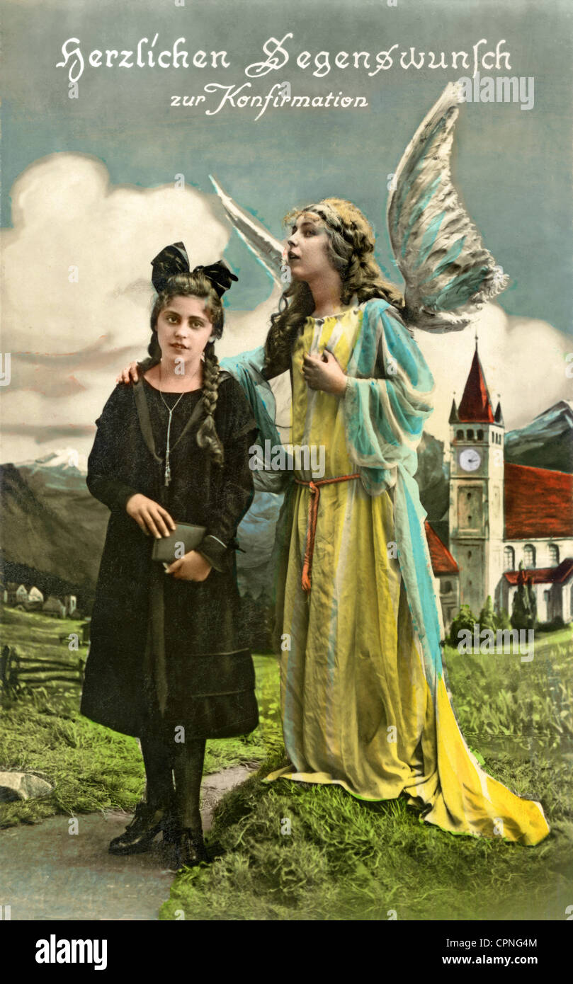 Religion, Christentum, kirchliche Feste, 'Herzlichen Segenswunsch zur Konfirmation', Mädchen mit Engel, Grußkarte, Schweiz, um 1913, Zusatz-Rechte-Clearenzen-nicht vorhanden Stockfoto