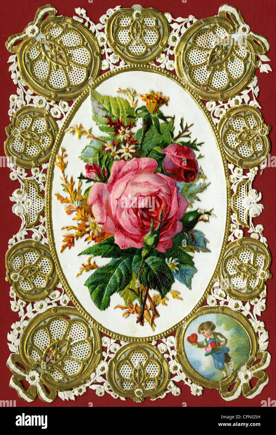 Kitsch/Karten/Souvenir, Glückwunschkarte mit Rosenstrauß, kunstvolle offene Arbeitskarton, Altbild, Lithographie, Deutschland, um 1880, Zusatz-Rechteklärung-nicht vorhanden Stockfoto