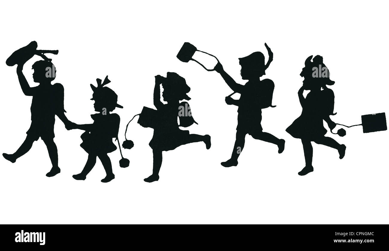 Pädagogik, Schule, über, Silhouette, Deutschland, um 1924, Schulkind, Schulkinder, Silhouetten, Silhouette, Schuljunge, Schüler, Grundschüler, Grundschüler, Way School, Wege Schule, Ende des Unterrichts, Schule, Schulen, 5, Junge, Jungen, Mädchen, Mädchen, zusammen, Walking Home, Weg nach Hause, Wege nach Hause, Kinder, Kind, Kinder, Kind, glücklich, über, Bildung, Illustration, Ausschnitt, Cut-out, Cut-out, Cut-outs, 1920er, 20er, 20. Jahrhundert, historisch, historisch, Nostalgie, Menschen, zusätzliche-Rechte-Clearenzen-nicht verfügbar Stockfoto