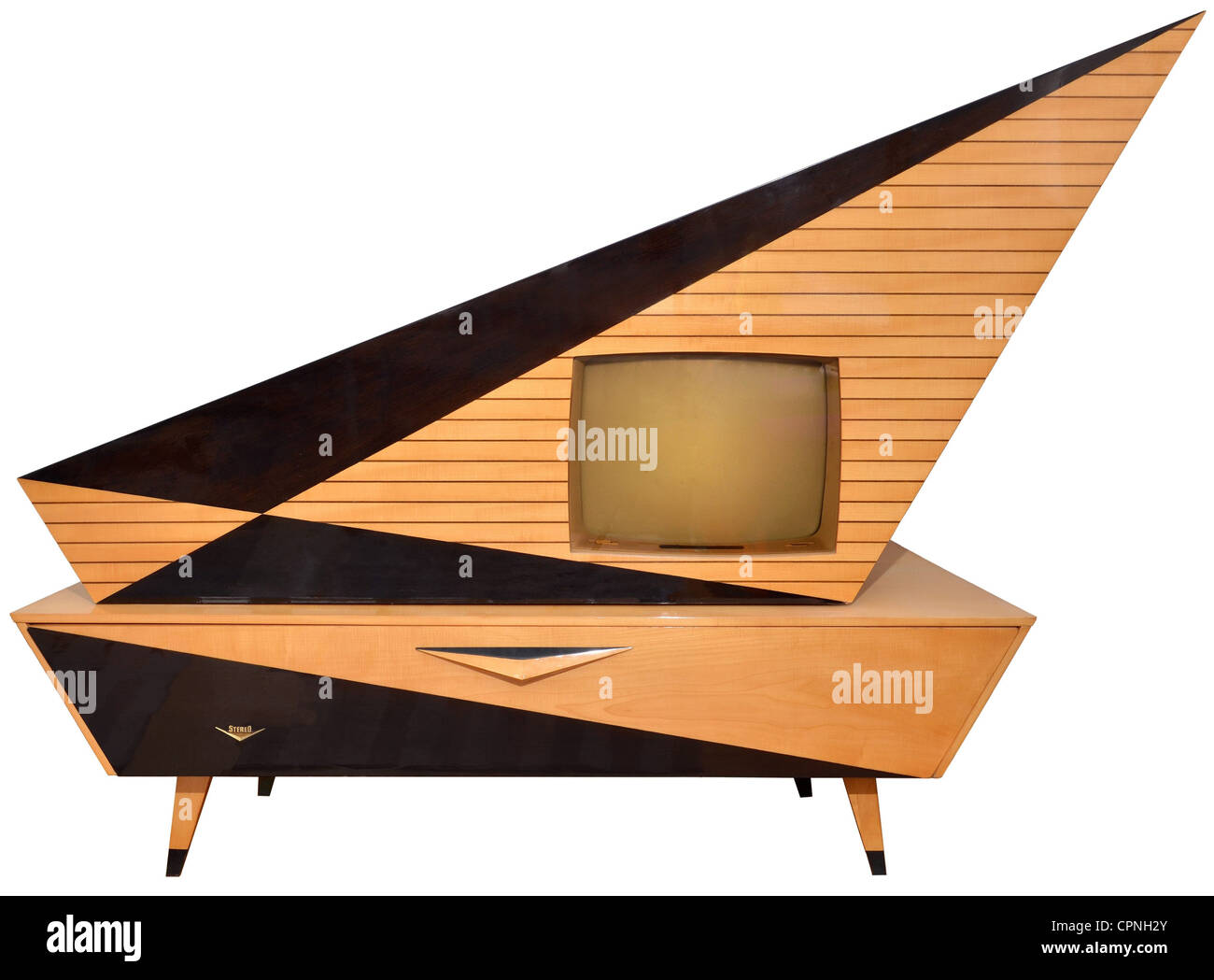 Rundfunk, Fernsehen, Kuba Komet, Fernsehen mit eingebautem Fernseher, Bildschirm: 59 cm Diagonale, Deutschland, 1961, Schrank Riegelahorn mit Kaiserpalme, exotische Hölzer, Hochglanz poliert, Originalpreis 1961: Ca. DM 2800, hergestellt von: Tonmöbelfabrik Kuba in Wolfenbüttel, Baujahr 1961, TV-Radio-Phono Kombination, Fernsehluxusschrank, Drehtisch, schwarz-monochrome Tonbandgeräte, Radio-Tonbandgeräte, Radio-Tonbandgeräte, Radio-Tonbandgeräte, Radio-Tonbandgeräte, Radio-Tonbandgeräte, Radio-Tonbandgeräte, Radio-Tonbandgeräte, Radio-Tonbandgeräte, Radio-Tonbandgeräte, Radio-Tonbandgeräte, Radio-Tonbandgeräte Stockfoto