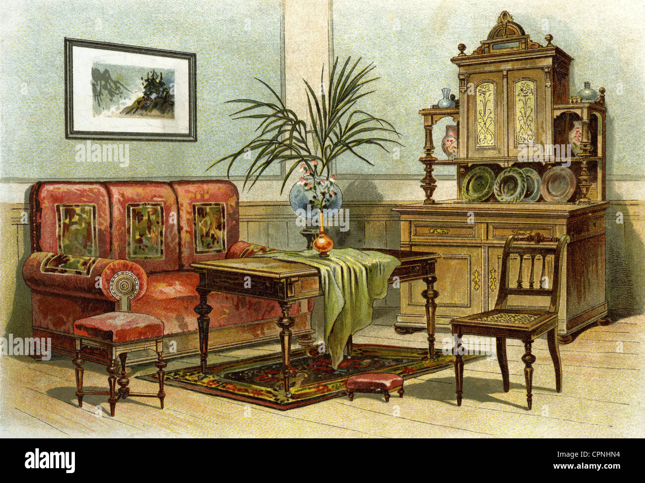 Einrichtung, Wohnzimmer, Lithographie, Deutschland, um 1899, Zusatz-Rights-Clearences-not available Stockfoto