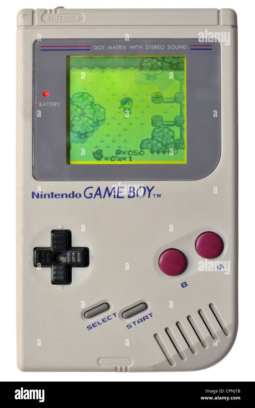 Spielwaren, Nintendo Game Boy, Erstausgabe, monochromes Display, aktivieren, hier mit dem Spielmodul 'Quest for Camelot' auf dem Bildschirm, Dot Matrix LCD, mit Stereo-Sound, Japan, 1989, Additional-Rights-Clearences-nicht verfügbar Stockfoto