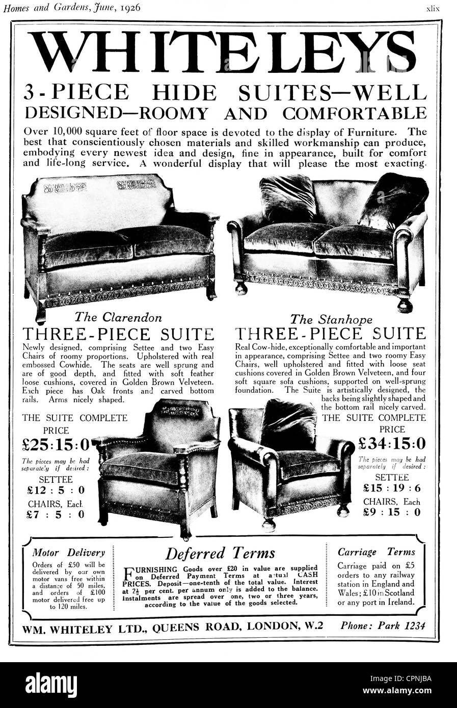 1920er Jahre 'Häuser & Gardens' Magazin Werbung für "Whiteleys" Möbel - UK. Stockfoto