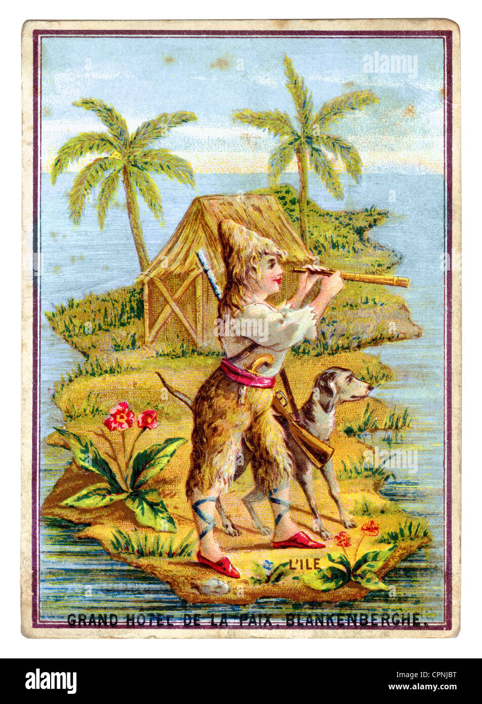 Defoe, Daniel, ca. 1660 - 26.4.1731, britischer Autor/Schriftsteller, Oevre, 'Robinson Crusoe', Werbebild des ehemaligen Grand Hotel de la Paix, Blankenberghe, lithograph, Belgien, ca. 1875, Stockfoto