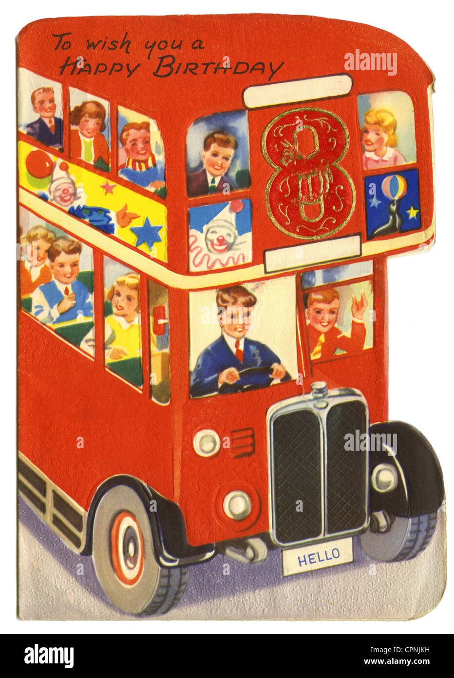 Kitsch/Karten/Souvenir, 'To Wish You a Happy Birthday', Geburtstagskarte, zum 8. Geburtstag, Doppeldeckerbus, Kinder, Großbritannien, um 1947, Zusatzrechte-Clearences-nicht verfügbar Stockfoto