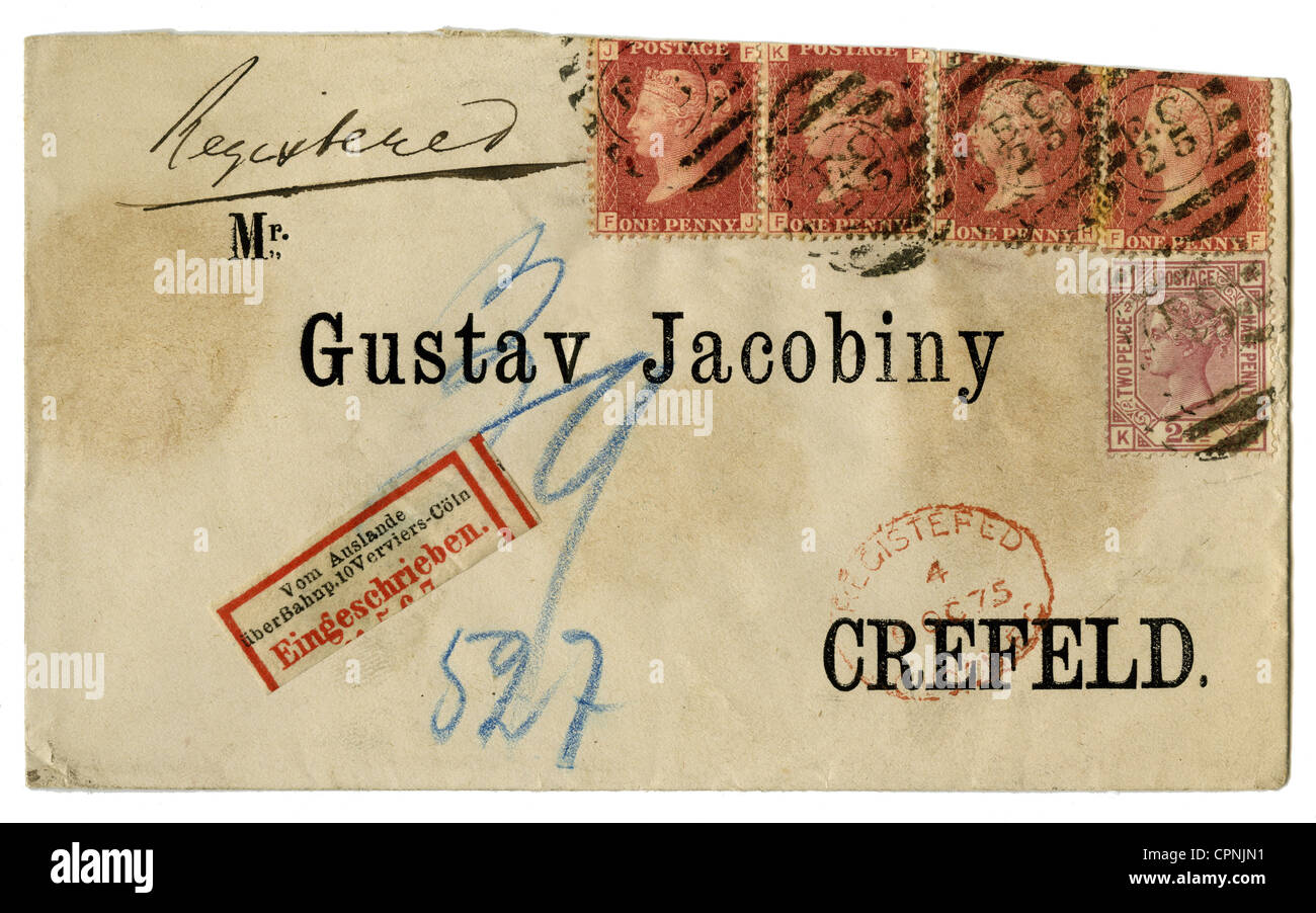 Post, Einschreiben, adressiert an Gustav Jacobiny, London-Crefeld, eine der ersten Einschreiben, Großbritannien, 1875, Zusatzrechte-Clearences-nicht vorhanden Stockfoto
