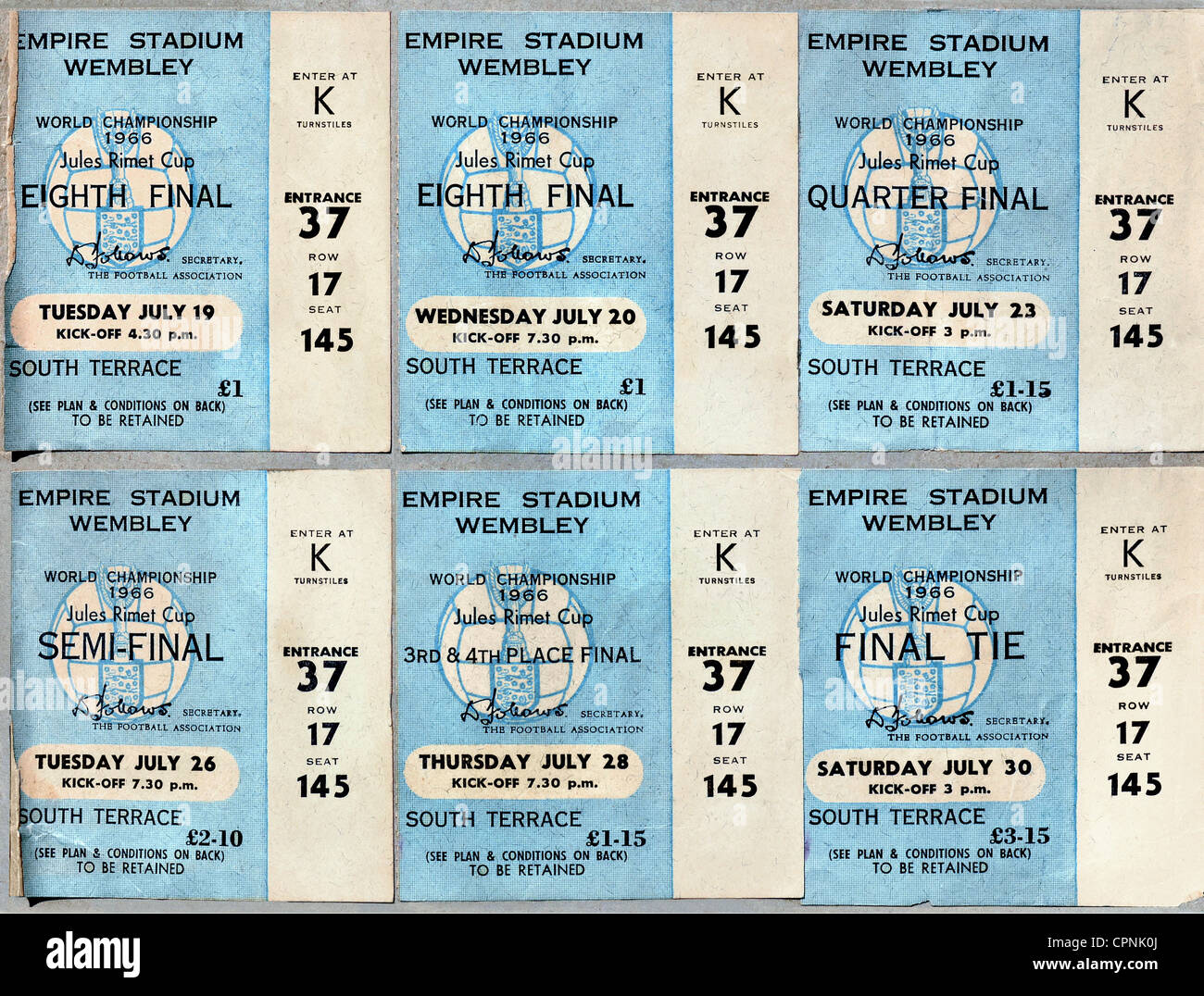 Sport, Fußball, FIFA Fußball-Weltmeisterschaft Großbritannien 1966, Tickets für das legendäre Finale England-Deutschland, (4:2), Wembley-Stadion, London, 1966, zusätzliche Rechte-Clearences-nicht verfügbar Stockfoto