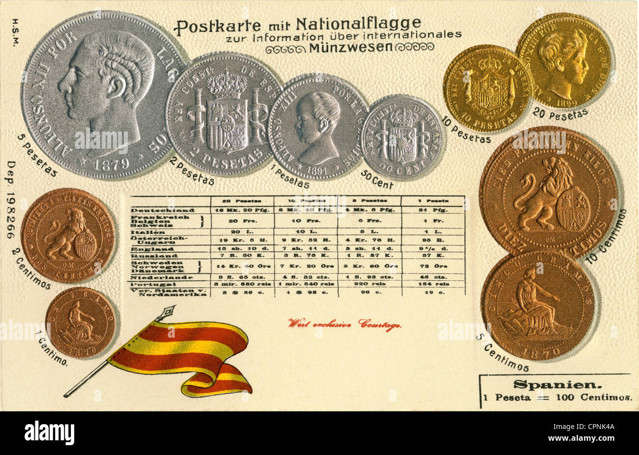 Geld / Finanzen, Münzen, Deutschland, Spanien, um 1899, Spanische Münzen, Centimos und Peseta, Postkarte aus der Serie internationale Prägung, Prägung, von 1 Centimo bis zu 20 Peseta, König Alfonso XII, König Alfonso XIII, 1 Peseta = 100 Centimos, Kupfer, Silbermünzen, Goldmünze, 1870, 1879, 1891, 1899, Preismünzen, Wechselkurs, Umrechnungstabelle, Umrechnungstabellen, Spanisch, Wirtschaft, Wirtschaftsgeschichte, Postkarte, Geldkarten, Geldschein, Münzen, Münzen, Münzen, Münzen, Münzen des 19. Jahrhunderts, Münzen, Münzen, Münzen, Münzen, Münzen, Münzen, Münzen, Münzen, Münzen, Münzen, Münzen, Münzen, Münzen, Münzen, Münzen, Münzen, Münzen, Münzen, Münzen, Münzen, Münzen, Münzen, Münzen, Münzen Stockfoto