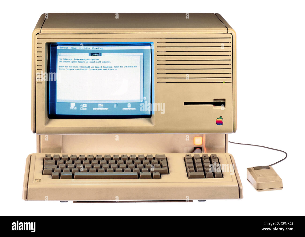 Computer / Elektronik, Computer, Apple Lisa, erster PC mit grafischer Benutzeroberfläche und Maus, erste benutzbare Computermaus, Prozessor: Motorola 68000, 5 MHz, 1 MB RAM, 2 MB ROM, 12 Zoll Display, integrierter Monitor, Computermonitor, Diskettenlaufwerk, Tastatur, Originalpreis 1983: 9.995 D, die Version Lisa als Business Flop für Apple bewies, wurde bis 1986 produziert, USA, United States of America, 1983, , Additional-Rights-Clearences-nicht verfügbar Stockfoto