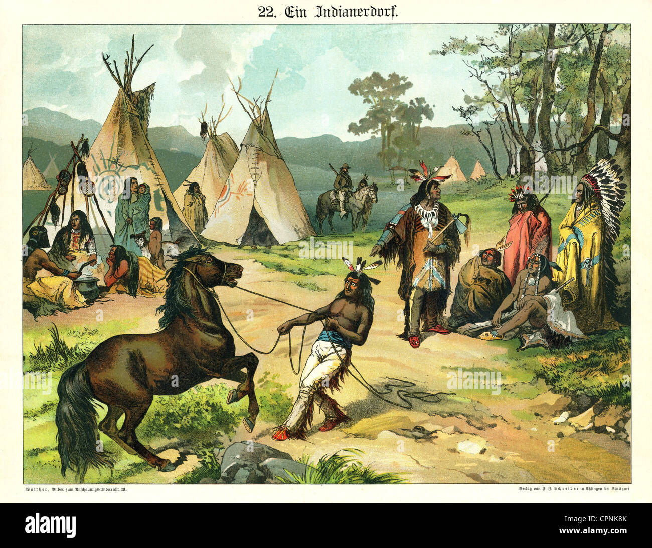 Geographie / Reisen, USA, Menschen, Red Indian, 'ein Indianerdorf', Illustration aus der Serie Bilder für den Objektunterricht, Deutschland, 1885, Additional-Rights-Clearences-not available Stockfoto