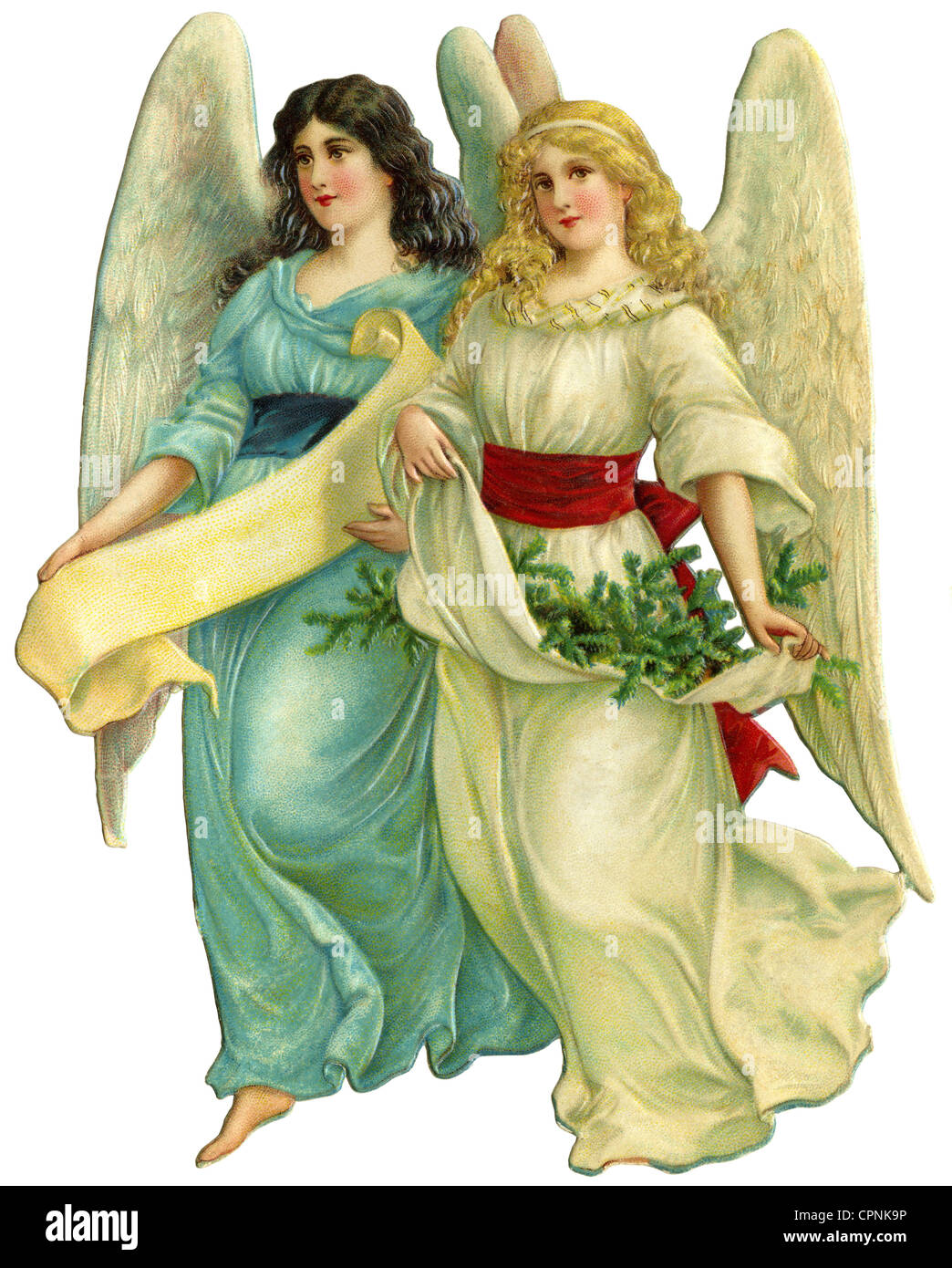 Weihnachten, Weihnachtsengel, zwei Engel mit Banderole, Lithographie, Deutschland, um 1890, Zusatzrechte-Clearences-nicht vorhanden Stockfoto