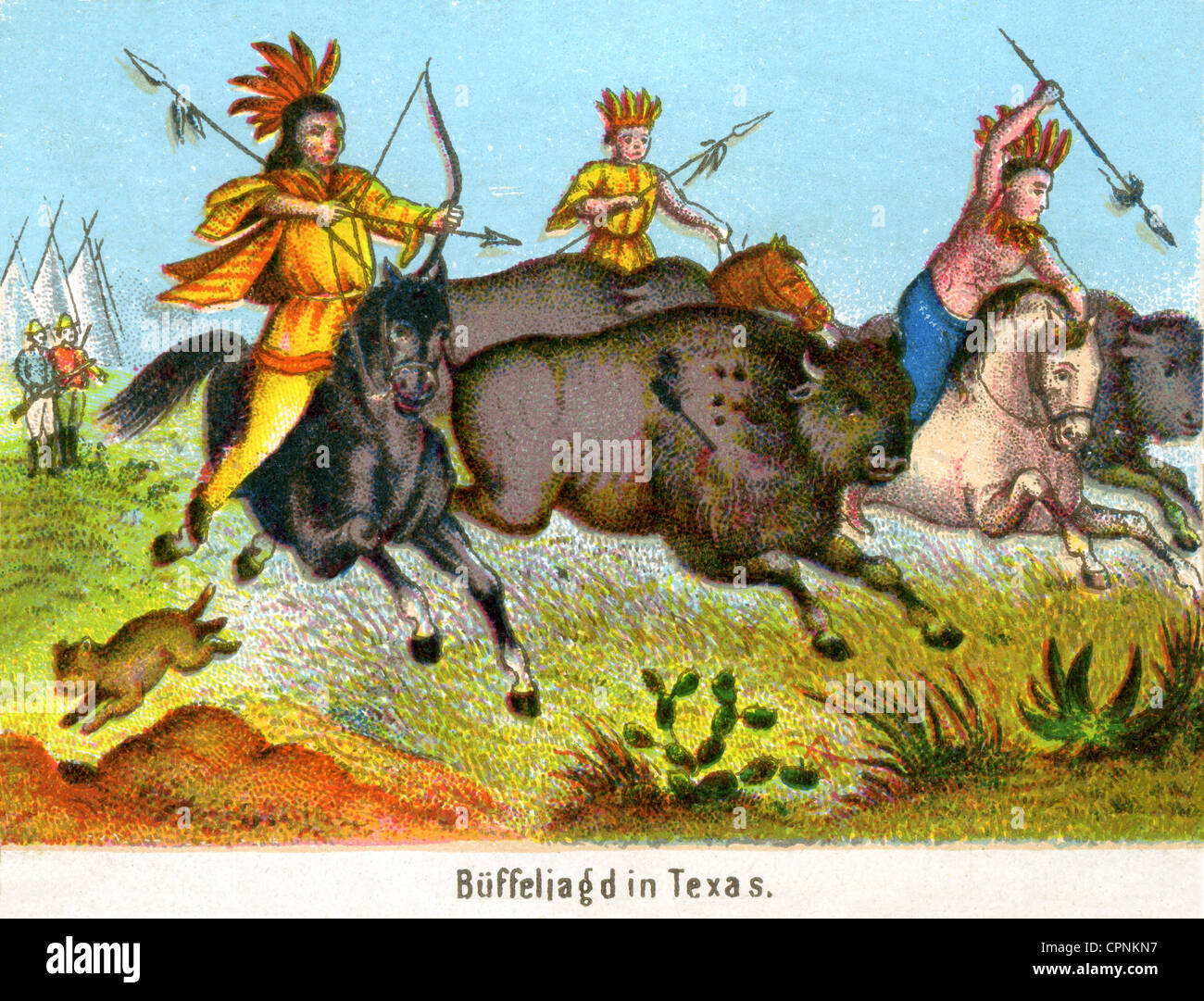 Jagd, Großwildjagd, Büffeljagd, in Texas, Rotindische Jagd Büffel mit Pfeil und Bogen, Lithographie, USA, um 1860, zusätzliche-Rights-Clearences-not available Stockfoto
