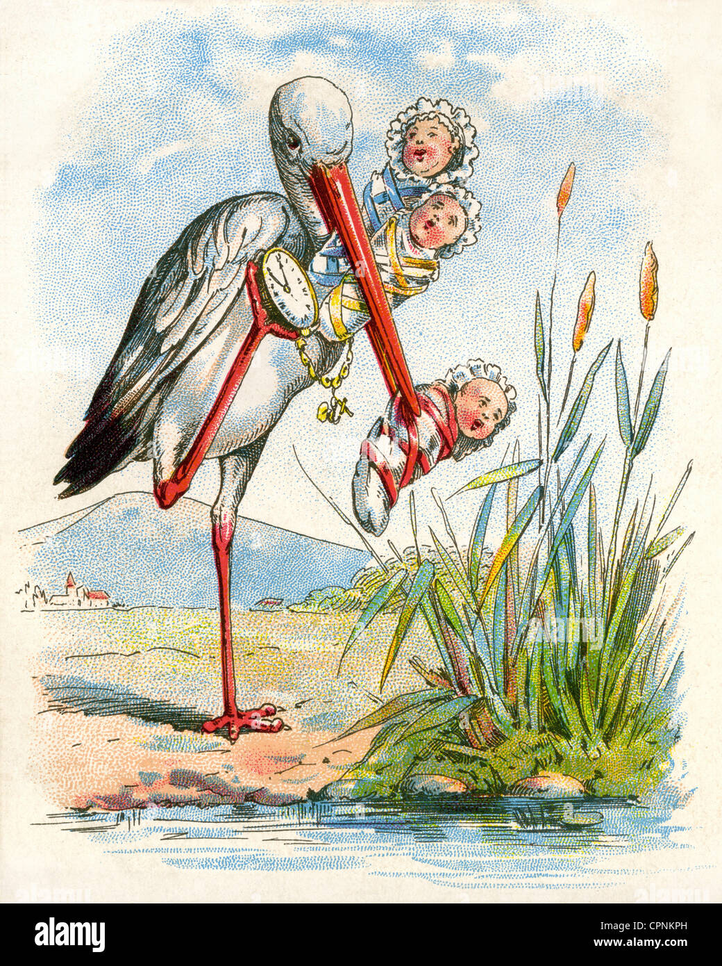 Kitsch/Karten/Souvenir, Storch bringt Babys, zeigt ihnen die Zeit, der Begriff ist nahe, legt sie ins Schilf, Deutschland, um 1903, Zusatzrechte-Clearences-nicht vorhanden Stockfoto