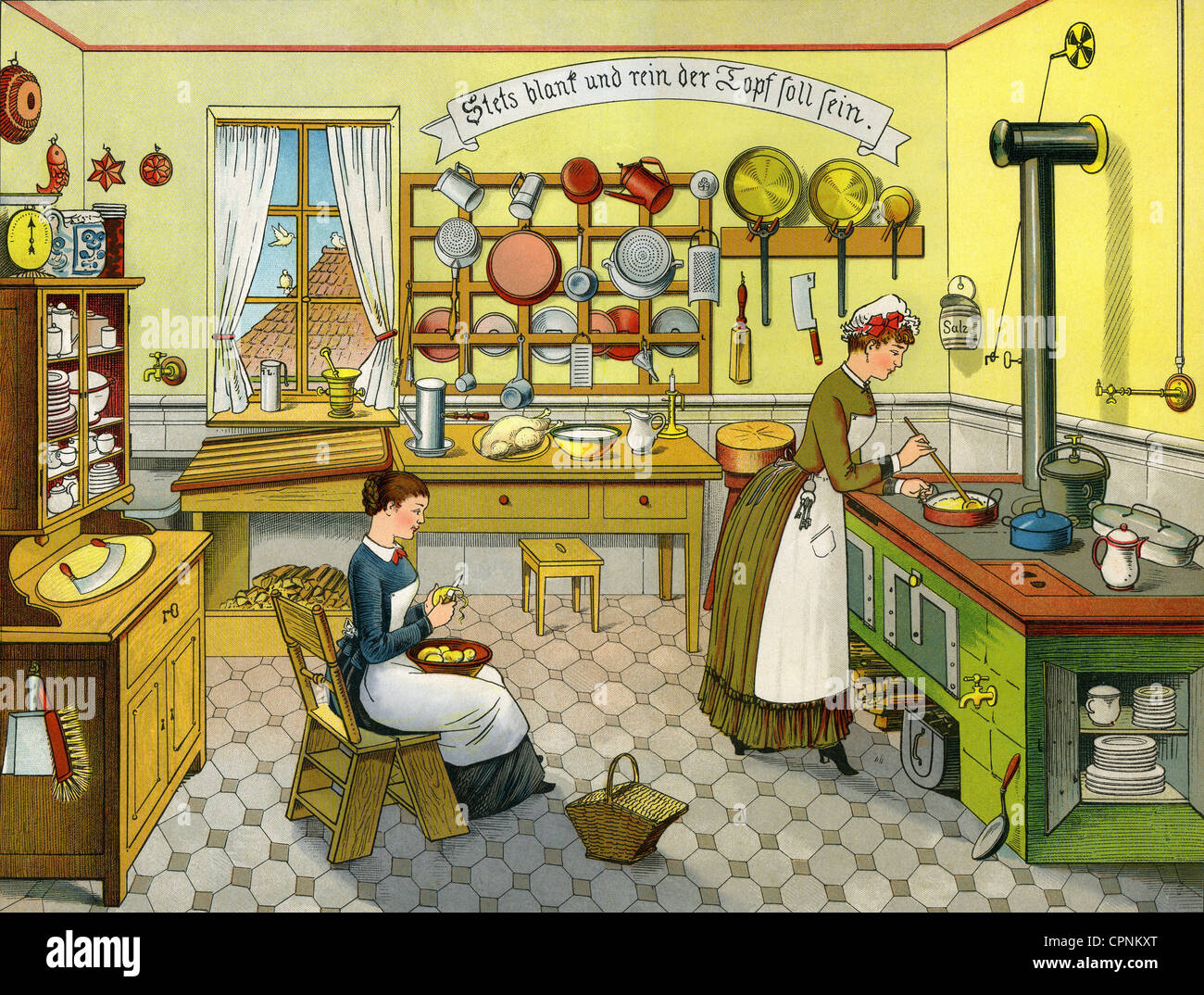 Haushalt, Küche, Küche in einem Oberklasse-Haushalt, damals moderne Küche, Küchenpersonal, Lithographie, Deutschland, 1885, Zusatzrechte-Clearences-nicht vorhanden Stockfoto