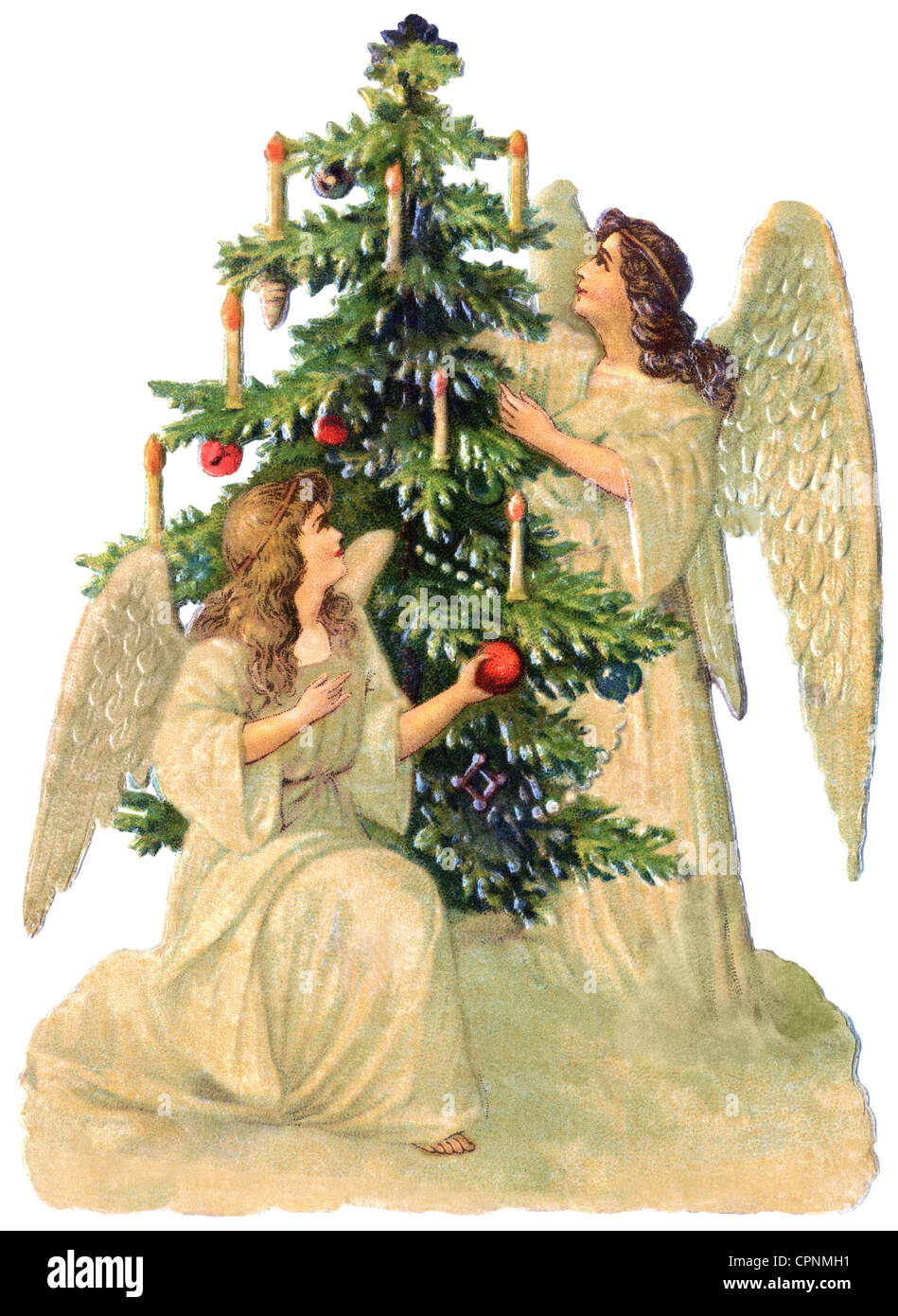 Weihnachten, Weihnachtsengel, zwei Engel, die den Weihnachtsbaum schmücken, Lithographie, Deutschland, um 1900, Zusatzrechte-Clearences-nicht vorhanden Stockfoto
