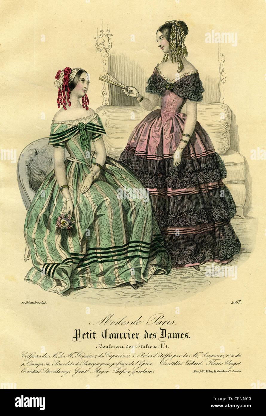 Mode, Pariser Mode, zwei Frauen mit Kleidern, aus dem Modemagazin 'Le Petit Courrier des Dames', Frankreich, 1844, Additional-Rights-Clearences-not available Stockfoto