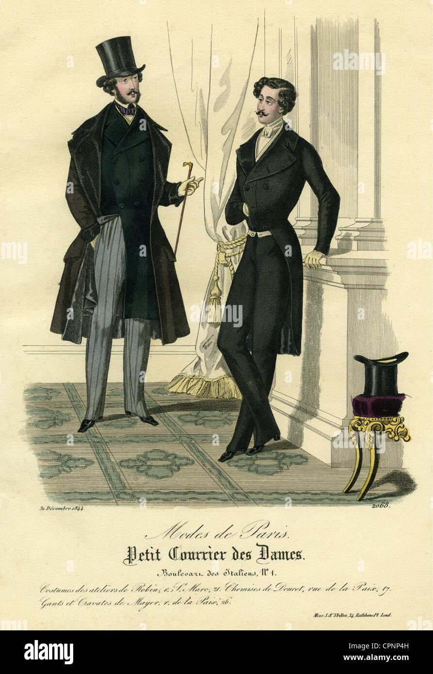 Mode, Pariser Mode, zwei Herren im Anzug und mit Kopfbedeckung, aus dem Modemagazin 'Le Petit Courrier des Dames', Frankreich, 1844, Zusatzrechte-Clearences-nicht erhältlich Stockfoto