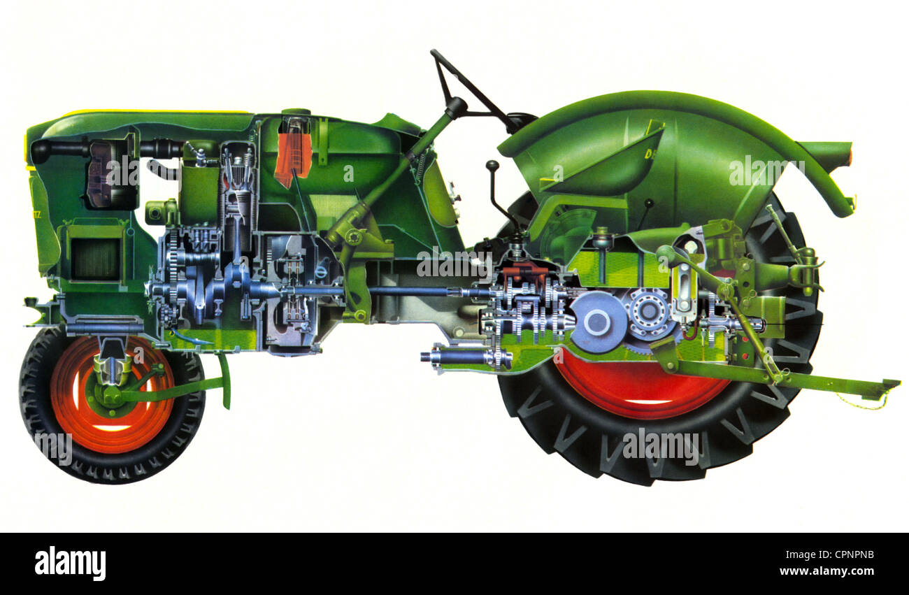 Transport / Transport, Auto, Traktor, Deutz D30, technische Innenseiten, seitliche vertikale Abschnitt, Deutschland, 1962, Seitenansicht, seitlich, Motor, Motoren, zwei-Zylinder-Viertakt-Dieselmotor, Dieselmotor, Dieselmotoren, Diesel, luftgekühlt, Einzelradaufhängung, Hydraulikpumpe, grün, Landwirtschaft, Landwirtschaft, 60er Jahre, Clipping, Ausschnitt, Ausschnitt, Ausschnitte, Technik, Fahrzeuge, Cross-Sections, Fahrzeuge, Fahrzeuge des 20. Jahrhunderts, Kreuzschnitt, Fahrzeuge, Fahrzeuge, Fahrzeuge, Fahrzeuge, Fahrzeuge, Fahrzeuge, Fahrzeuge, Fahrzeuge Stockfoto