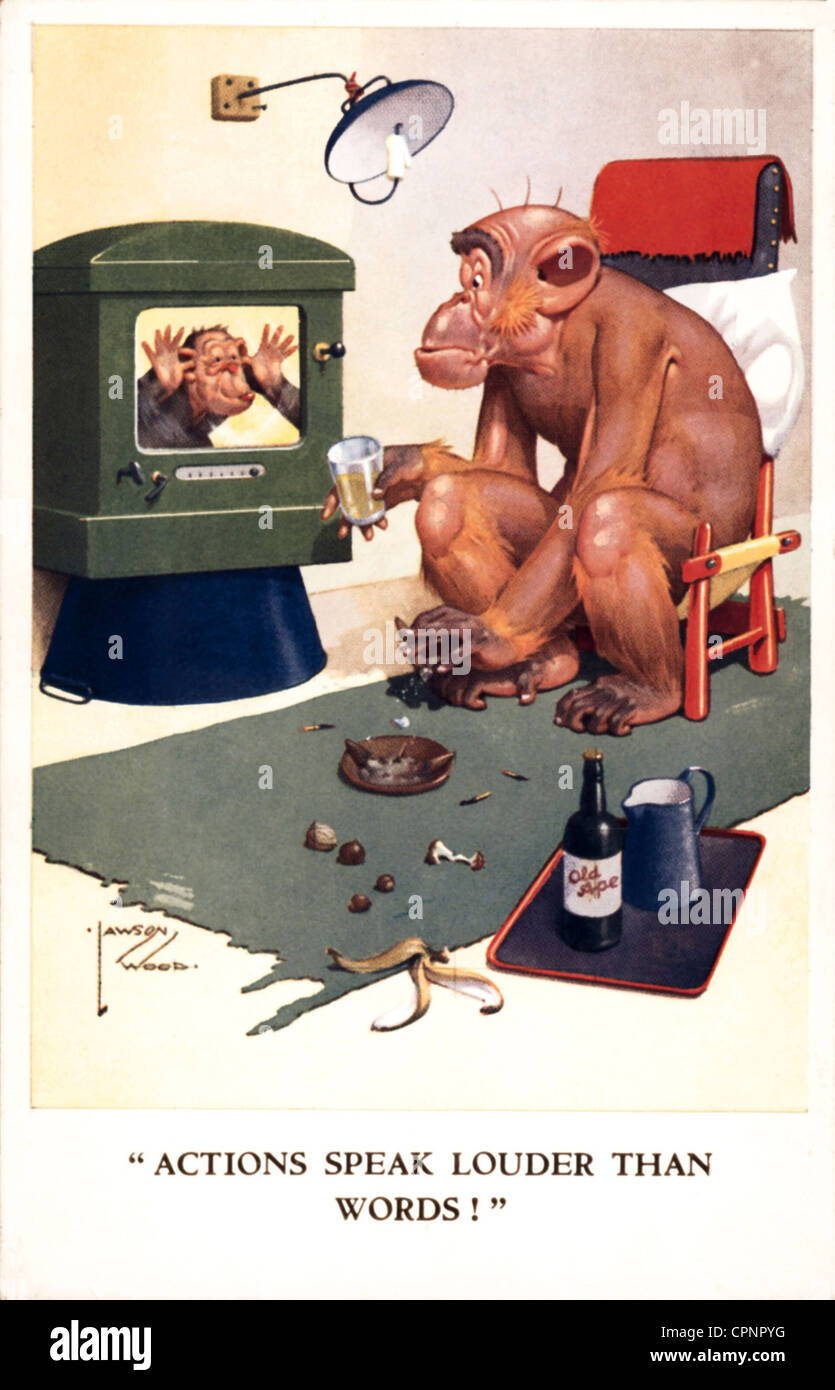 Karikatur, Fernsehen, Affe als Zuschauer vor einem Fernsehgerät, Dreck schneiden, Postkarte, Großbritannien, um 1952, zusätzliche-Rechte-Clearences-nicht vorhanden Stockfoto