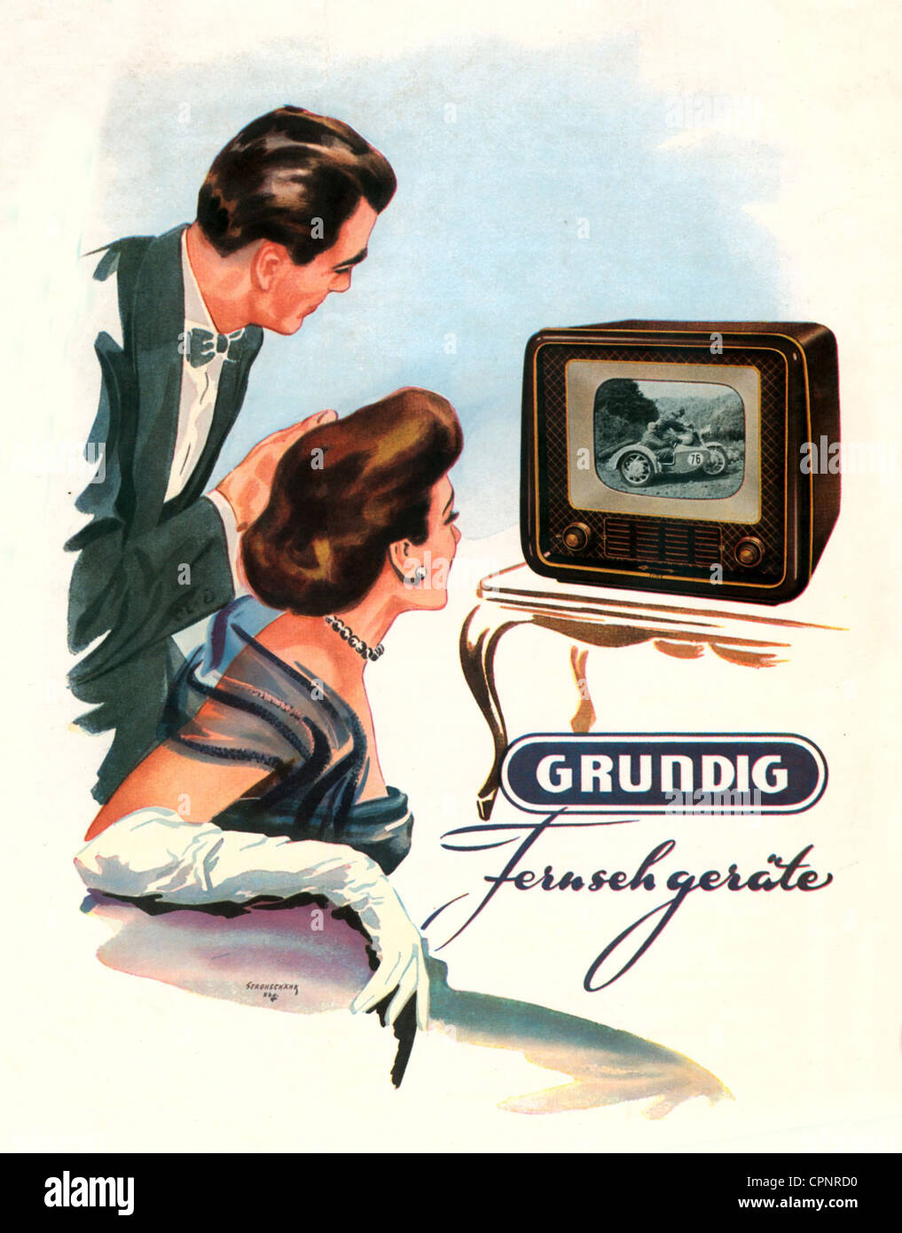 Broadcast,Fernsehen,Werbung für Grundig Fernsehgerät,illustriert: 210,erste Grundig Tischgerät,mit 36 cm Bildschirmgröße,Chassis: Exotische Hölzer,Originalpreis 1953: DM 998,erster deutscher Fernsehapparat unter DM 1.000,Illustration: Strohschaenk,Titelbild eines Prospekts,Deutschland,1953,elegant,Bildschirm,Bildschirme,Teleschirm,monochrom,verheiratetes Paar,verheiratete Paare,Bräute,Fernsehzuschauer,Fernsehen,Luxusartikel,Luxusartikel,Werbeartikel,Werbeartikel,Werbeartikel,Werbeartikel,Werbeartikel,Werbeartikel,Werbeartikel,Werbeartikel,Werbeartikel,Werbeartikel,Werbeartikel,Werbeartikel,Werbeartikel,Werbeartikel,Werbeartikel,Werbeartikel,Werbeartikel,Werbeartikel,Werbeartikel,Werbeartikel, Stockfoto