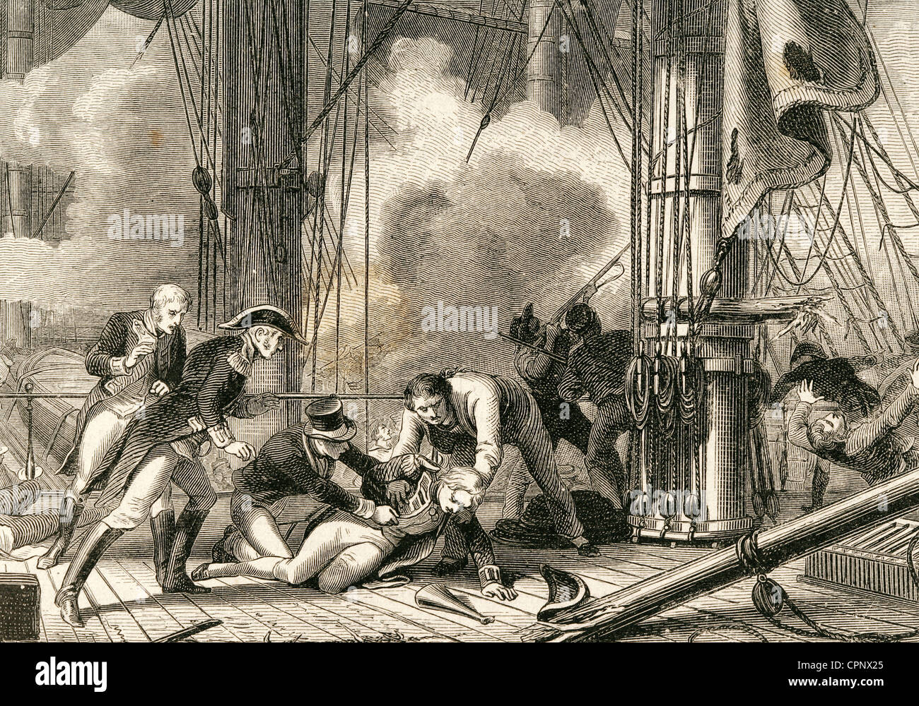 Horatio Nelson (1758-1805). Britischer Vizeadmiral. Tod von Nelson in der Schlacht von Trafalgar 1805. Gravur. Stockfoto