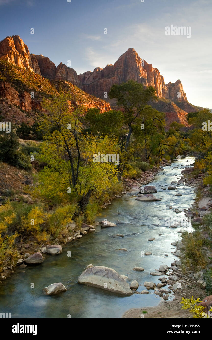 Der Wächter und der Virgin River im Herbst im Zion Nationalpark, Utah Stockfoto