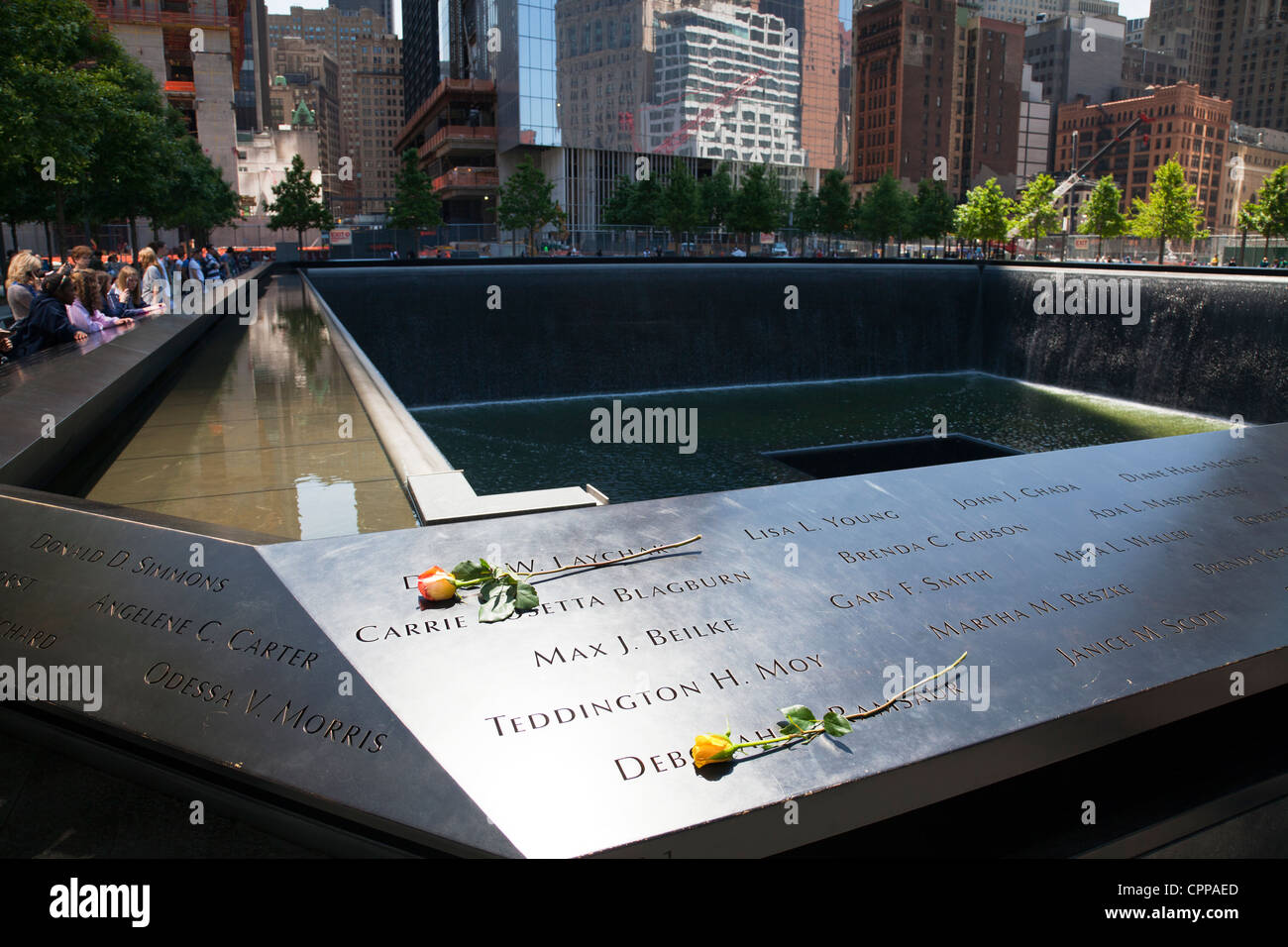 9/11 Memorial am Ground Zero, Wasserfälle mit Namen Rand um die starb eingeschrieben, New York Manhattan, Ground Zero New York, Denkmal 9/11, 9/11 Stockfoto