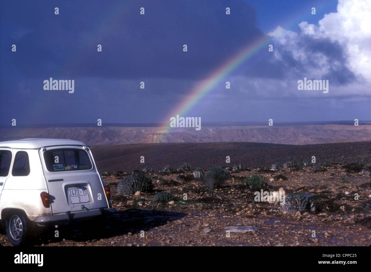 Renault 4 in der Westsahara von Marokko mit Euphorbien und ein Regenbogen Stockfoto