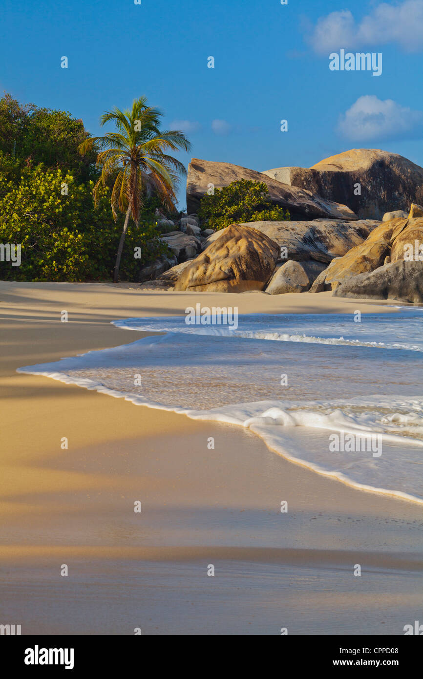 Virgin Gorda, Britische Jungferninseln, Karibik Morgenlicht auf Felsen und Surf Tal Stamm Strand Stockfoto