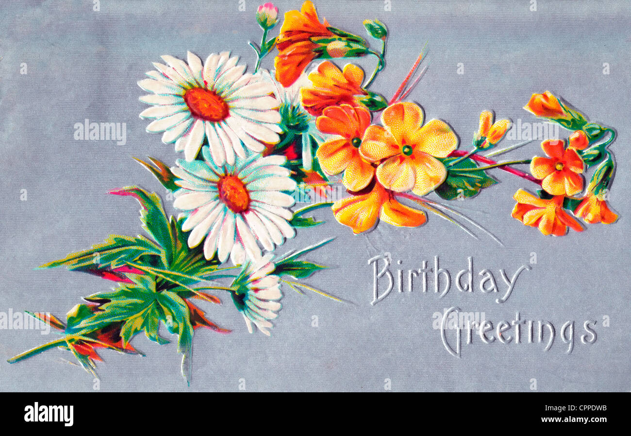 Geburtstagsgrüße - Vintage-Karte mit Blumen Stockfoto