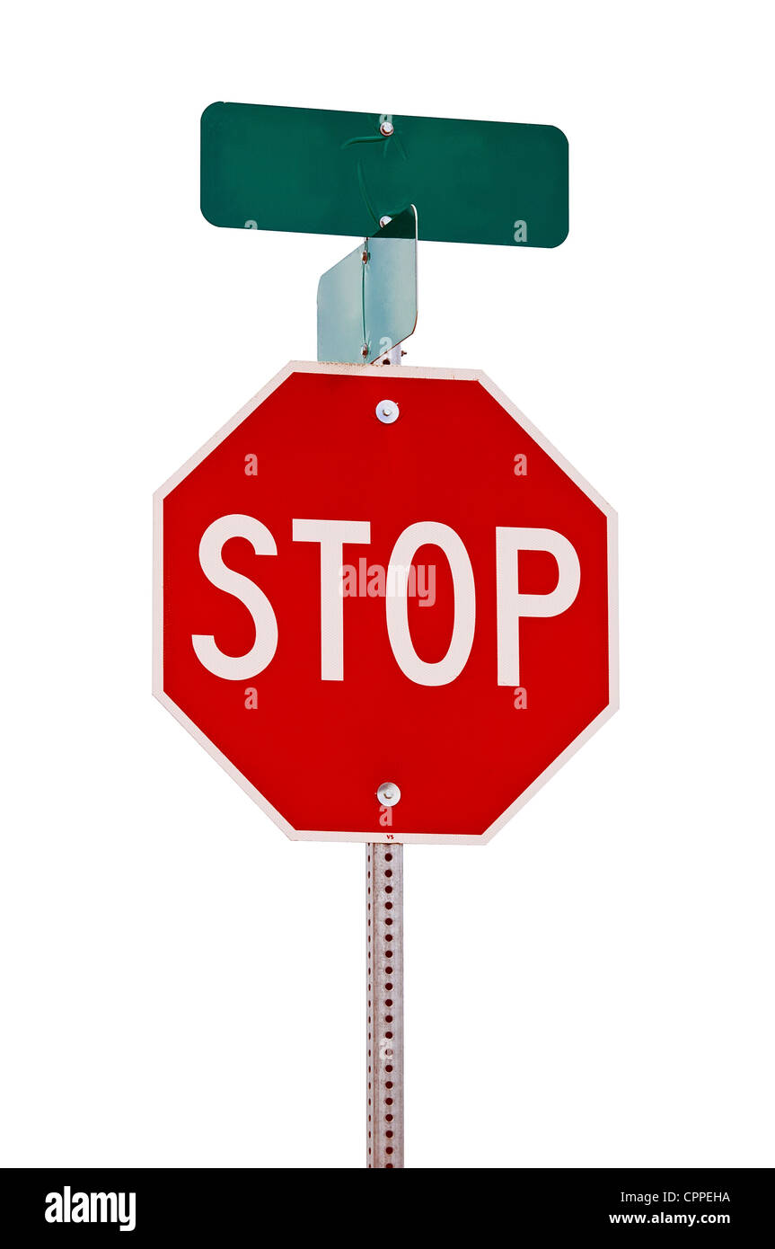 Stop-Schild mit Straßenschildern an der Spitze. Isoliert auf weiss mit einem Beschneidungspfad Stockfoto
