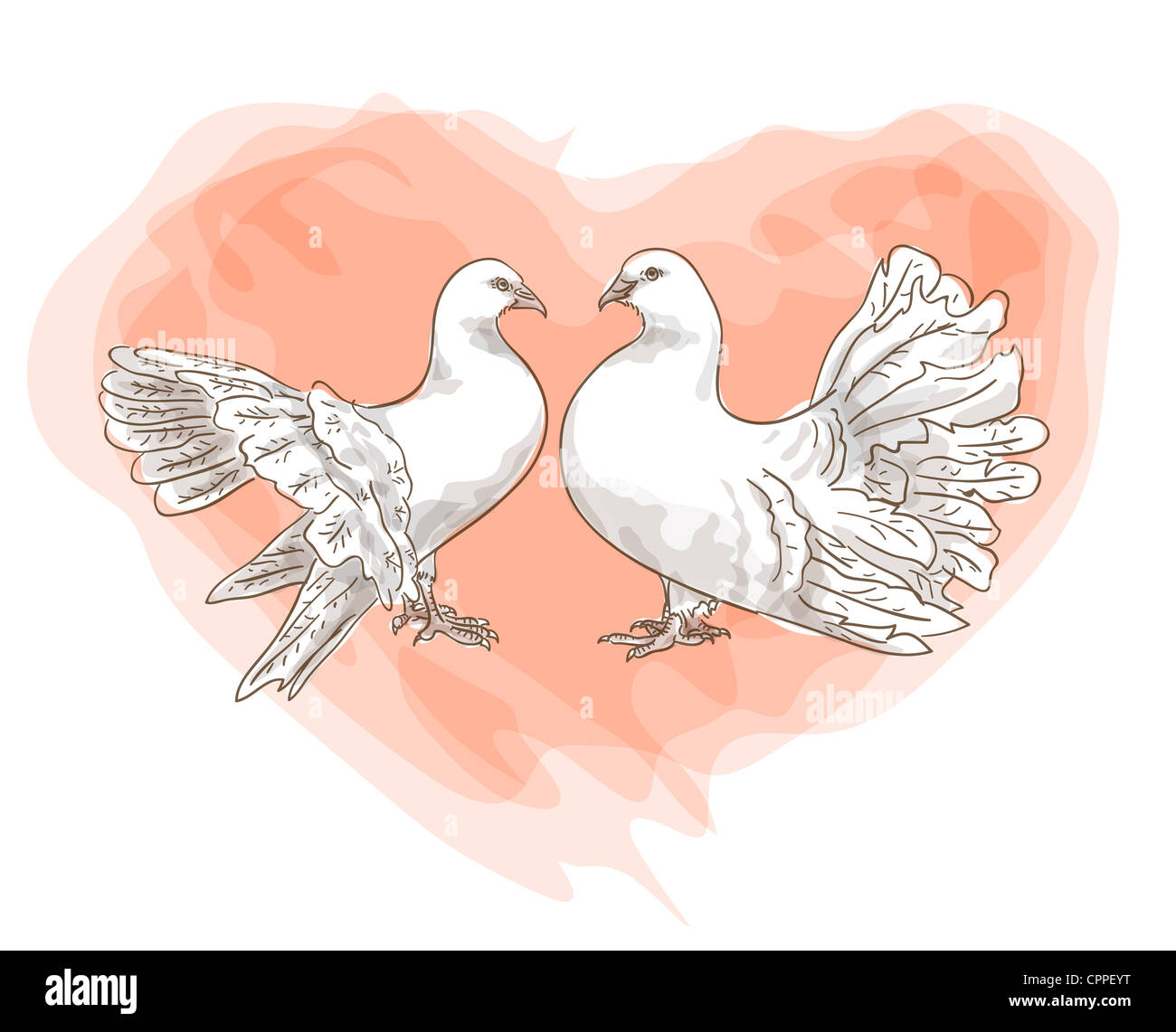 Paar Tauben mit Symbol der Liebe - rote Herzen. Abbildung. Aquarell-Stil. Stockfoto