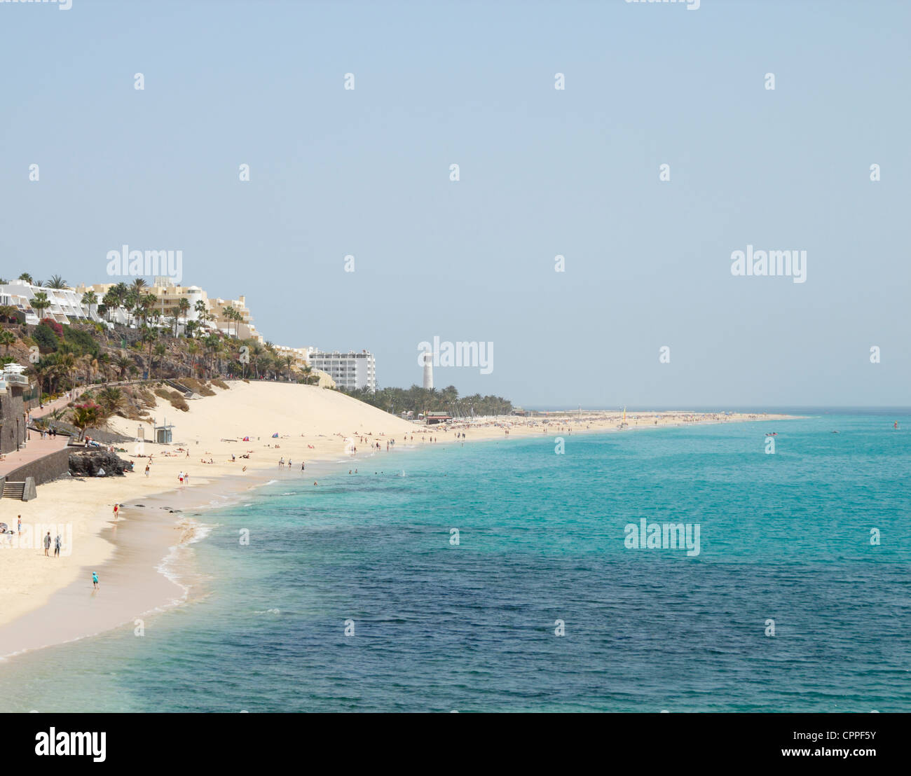 Blick Richtung Leuchtturm von Morro Jable auf Fuerteventura, Kanarische Inseln, Spanien Stockfoto