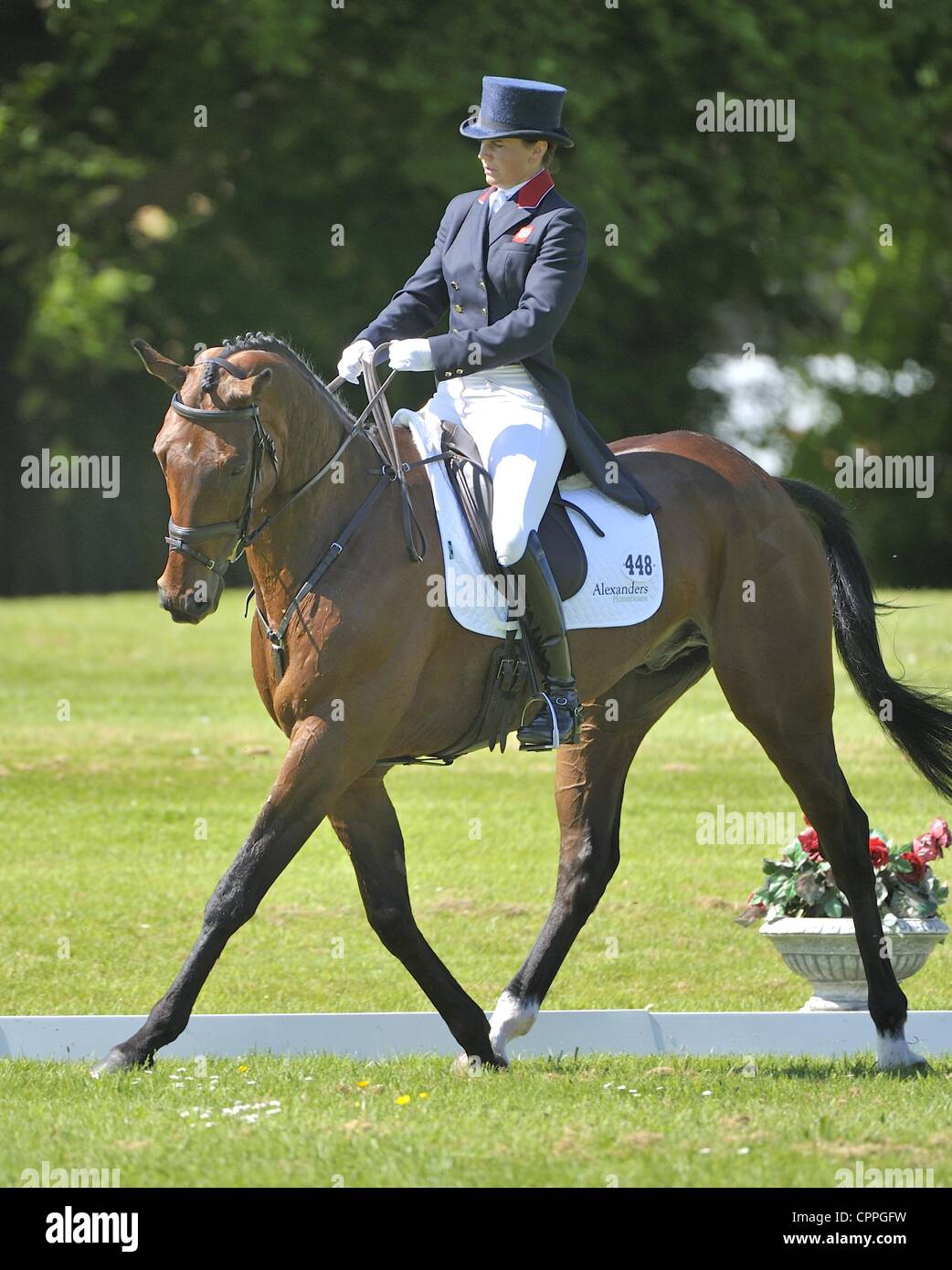 25.05.2012 Houghton Hall, England.  Piggy French (GBR) und JAKATA in Aktion während der Dressur von der FEI Nations Cup bei Subaru Houghton International Horse Trials. Stockfoto