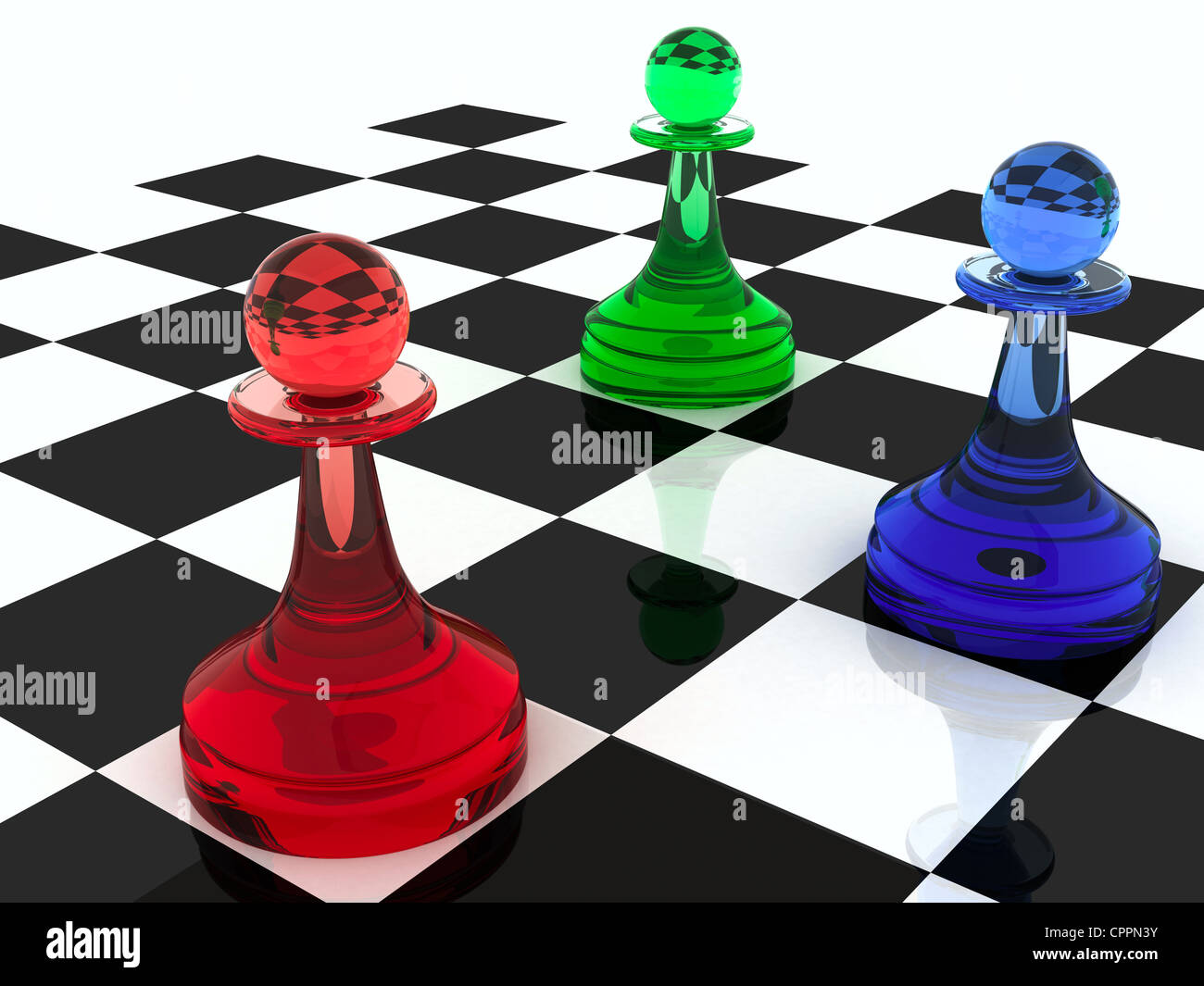 Bunte Schachfiguren: drei klassischen Formen Bauern aus verschiedenen farbigem Glas (RGB-Farbschema) gemacht. 3D Render-illustration Stockfoto
