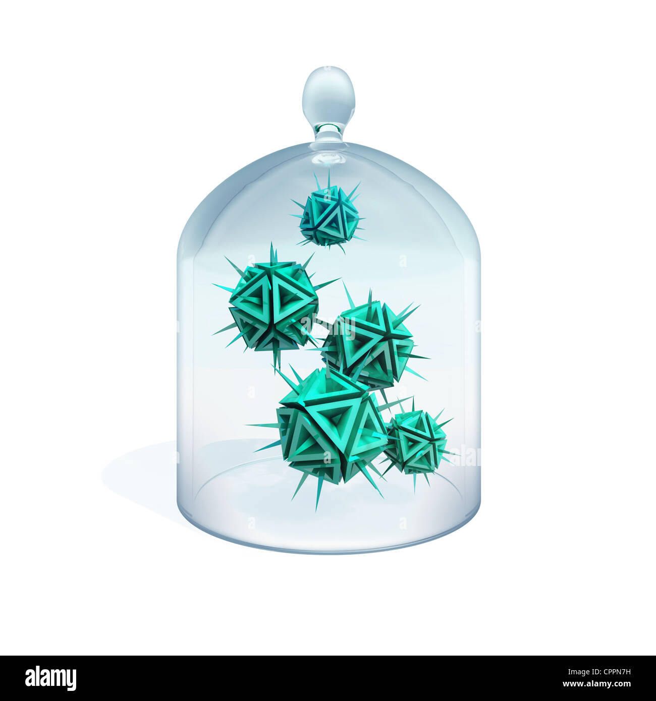 Abbildung von einem Viren in Quarantäne zu abstrahieren, wie eine grüne Gefahr scharfe Gegenstände mit Spikes, die unter dem Deckmantel des Glases gemacht Stockfoto