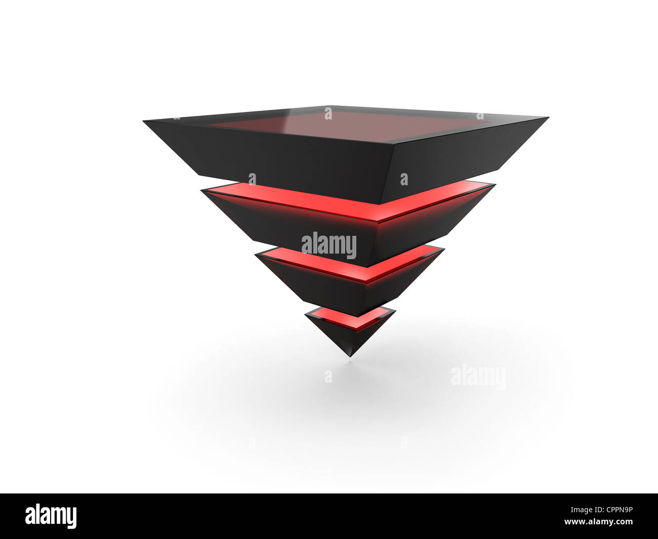 Mit roten geschichteten Pyramide aus schwarzem Glas isoliert auf weißem Hintergrund beleuchtet Stockfoto