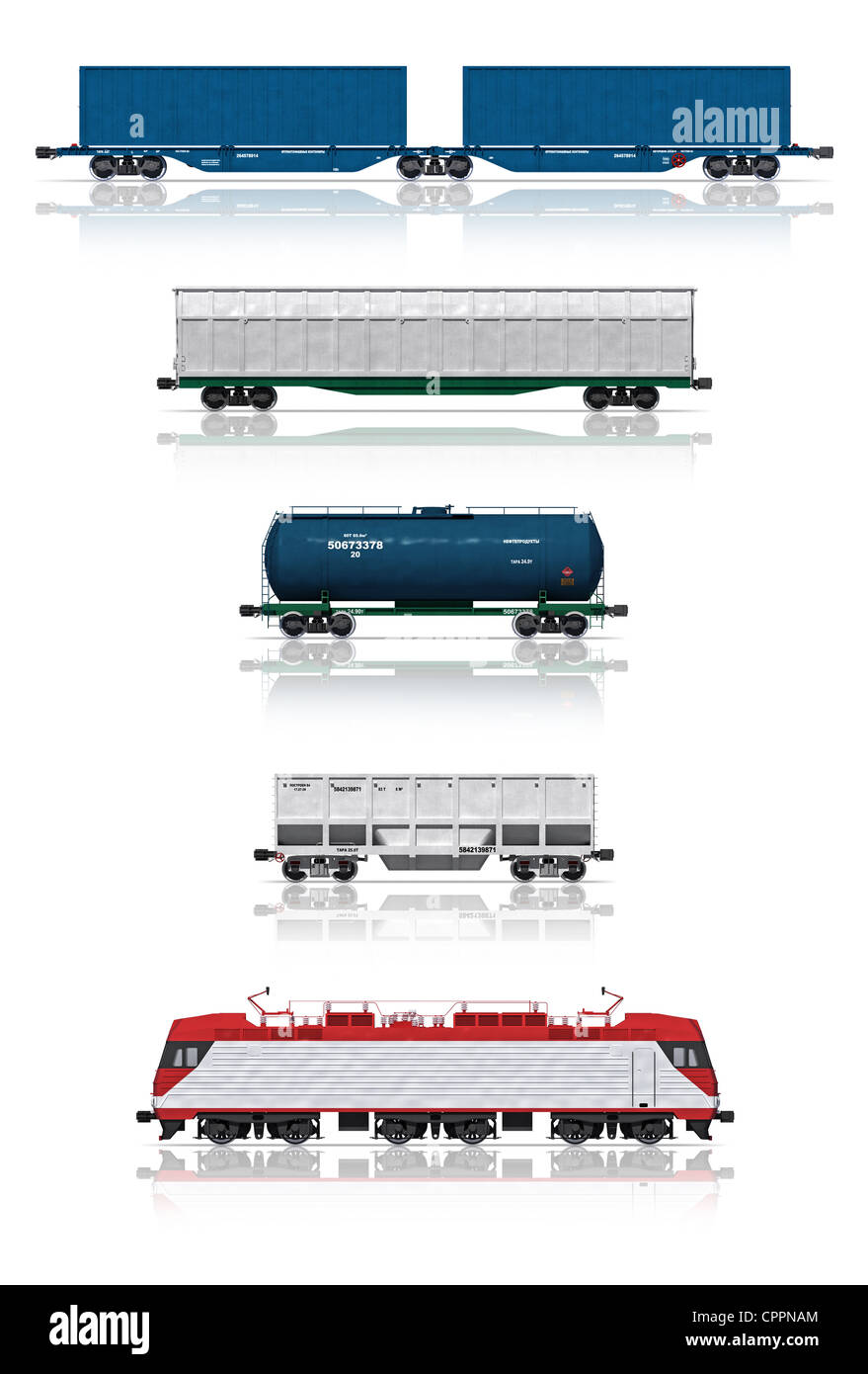 3D Render-Illustration isoliert auf weiss: Satz von modernen Eisenbahn-Güterwagen mit e-Lok Stockfoto