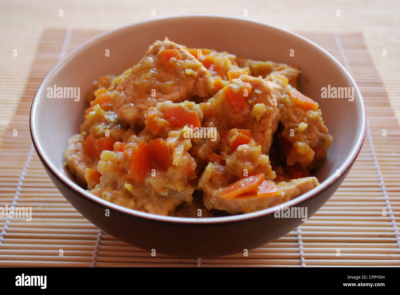 Tempeh mit Karotten, Lauch und Sojasauce in einer Schüssel Eintopf Stockfoto